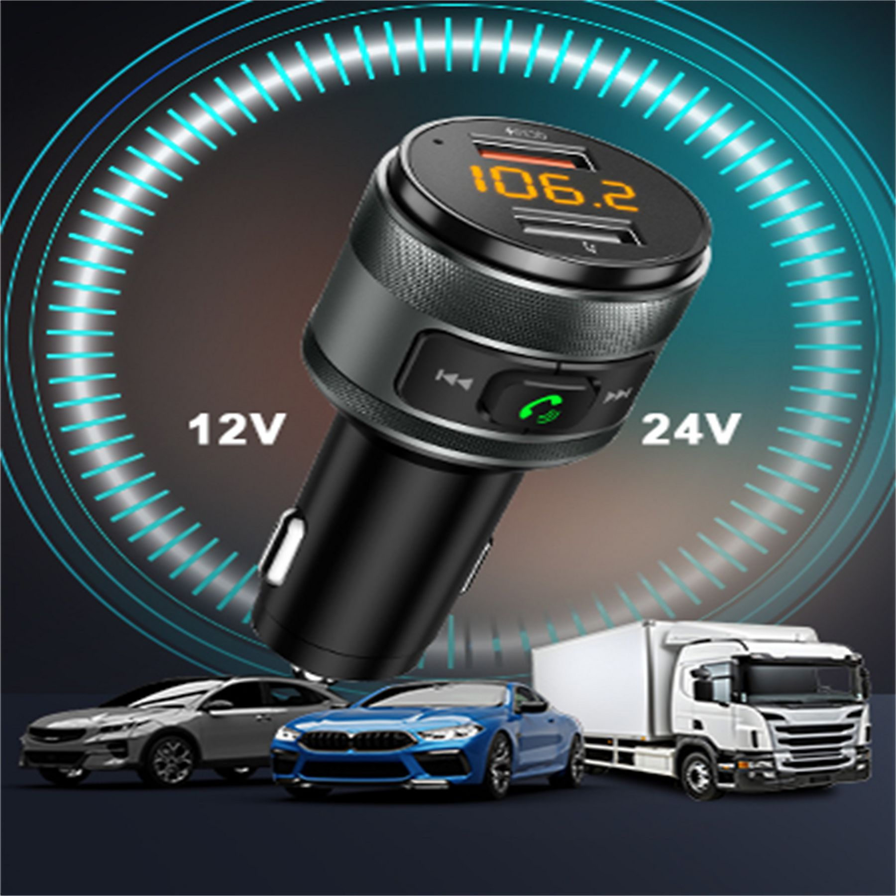 Kfz-FM-Transmitter, zeigt 106.2 an, mit Autos und einem Lkw im Hintergrund und einem blauen Hintergrund.