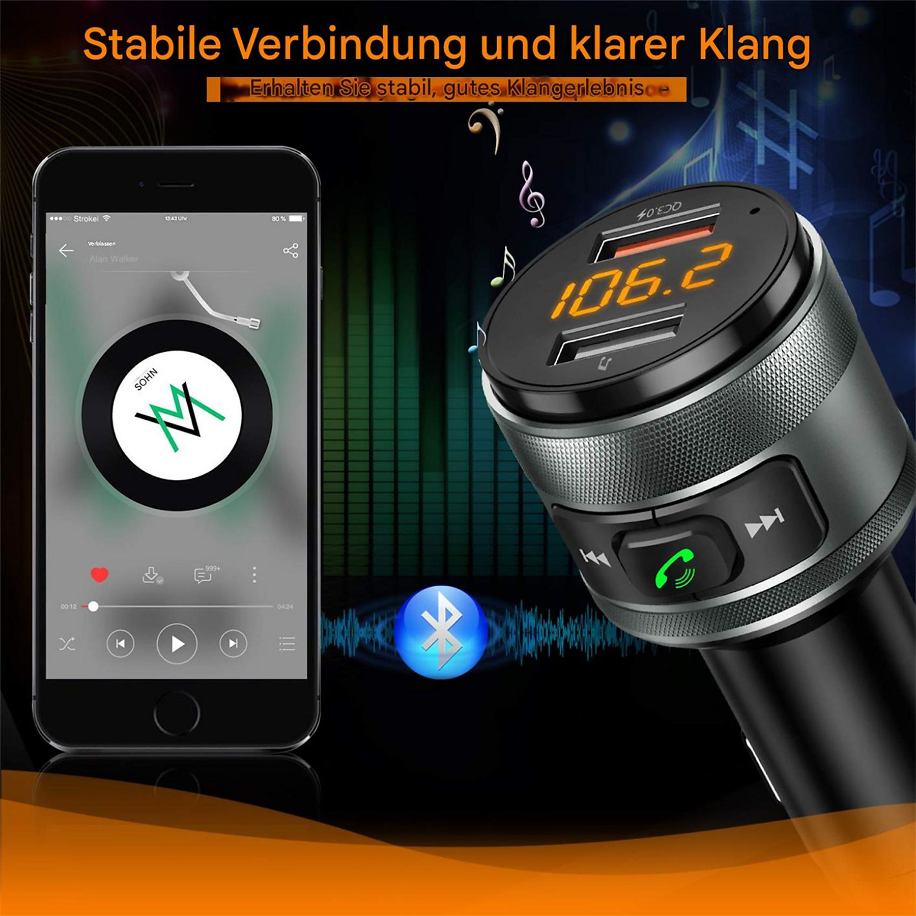 Ein Autoradiogerät mit Telefonbildschirm, der eine Musik-App und ein Bluetooth-Symbol zeigt.