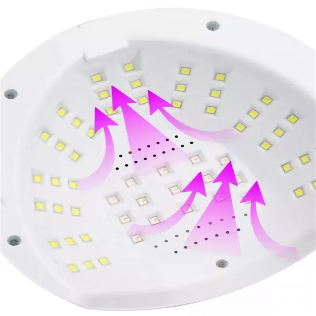 Innerhalb einer UV-LED-Nagellampe. Weiß mit vielen kleinen LED-Leuchten und Pfeilen.
