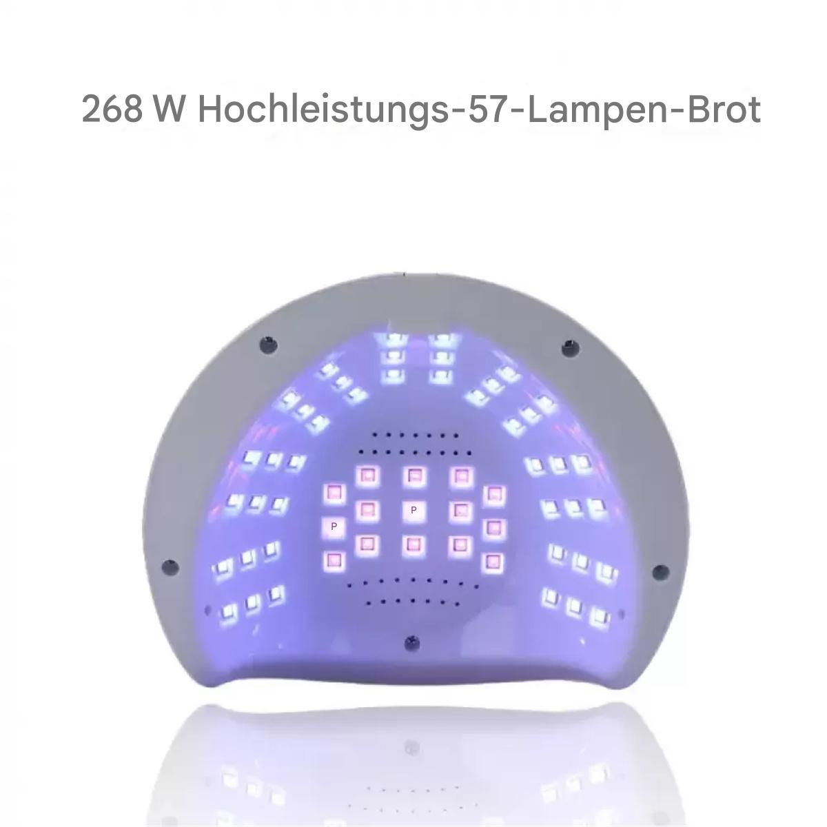 Eine weiß-graue Nageltrocknungslampe, mit violettem Licht, das von innen ausgeht.