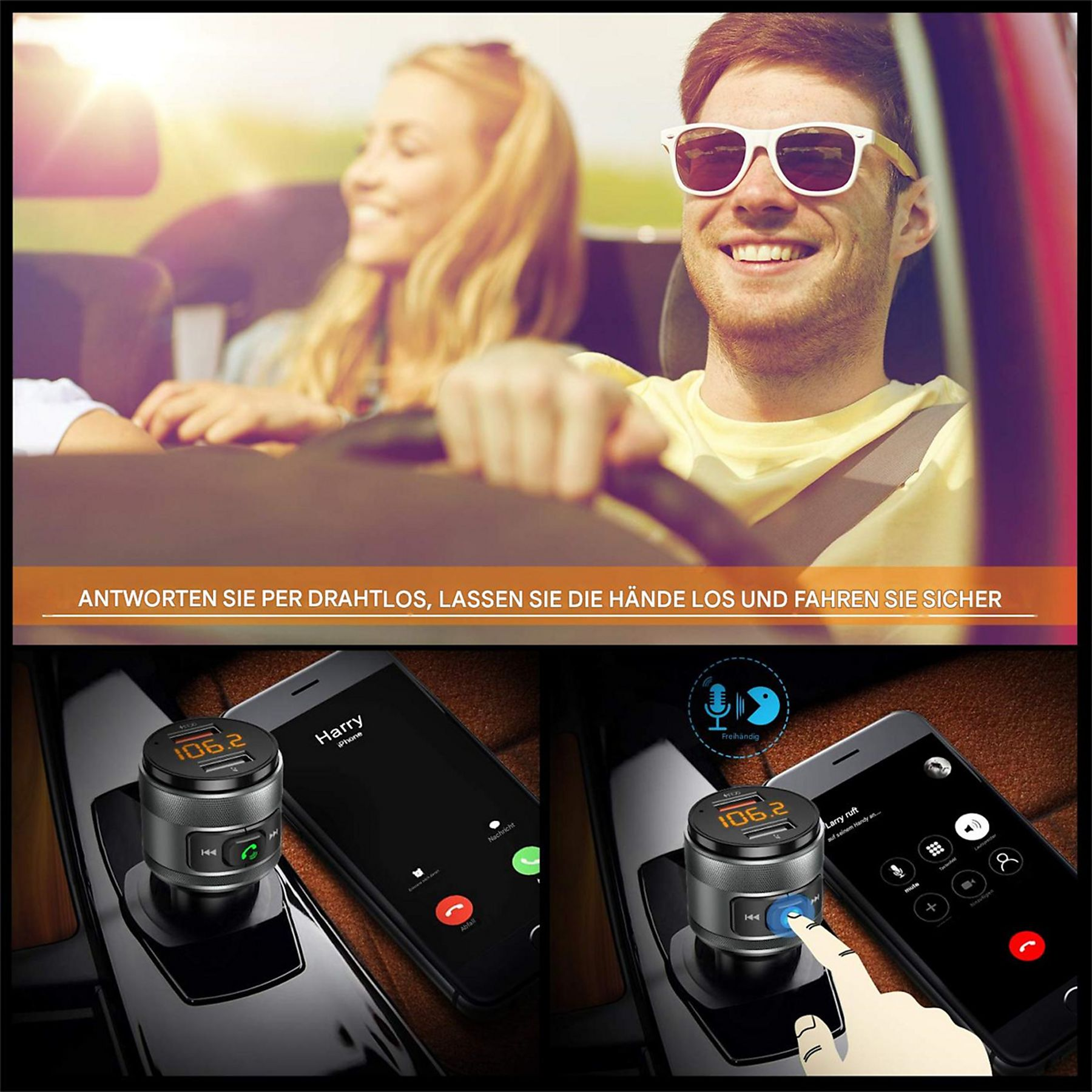 Freisprecheinrichtung für das Auto mit Telefon auf dem Armaturenbrett und Personen im Auto.