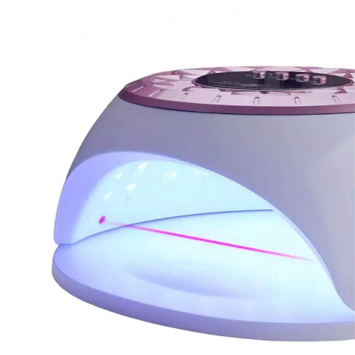 Eine rosa und weiße UV-Nagellampe mit geschwungenem Design und rosa Licht, das im Inneren emittiert wird.