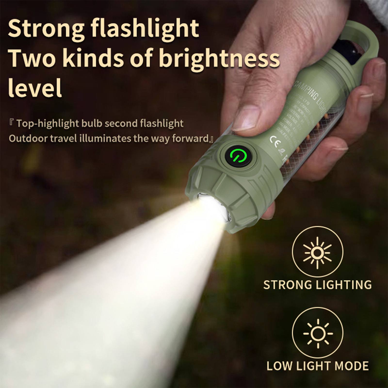 Eine grüne Taschenlampe strahlt einen starken Lichtstrahl aus. Zwei Lichtmodi werden gezeigt: stark und schwach.