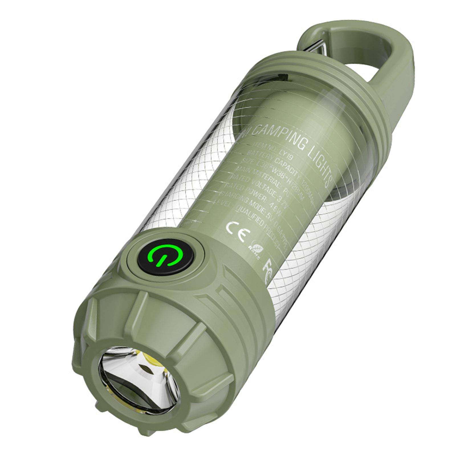 Grüne Campinglampe. Sie hat eine klare Mitte und einen grünen Sockel mit dem Ein-Knopf.