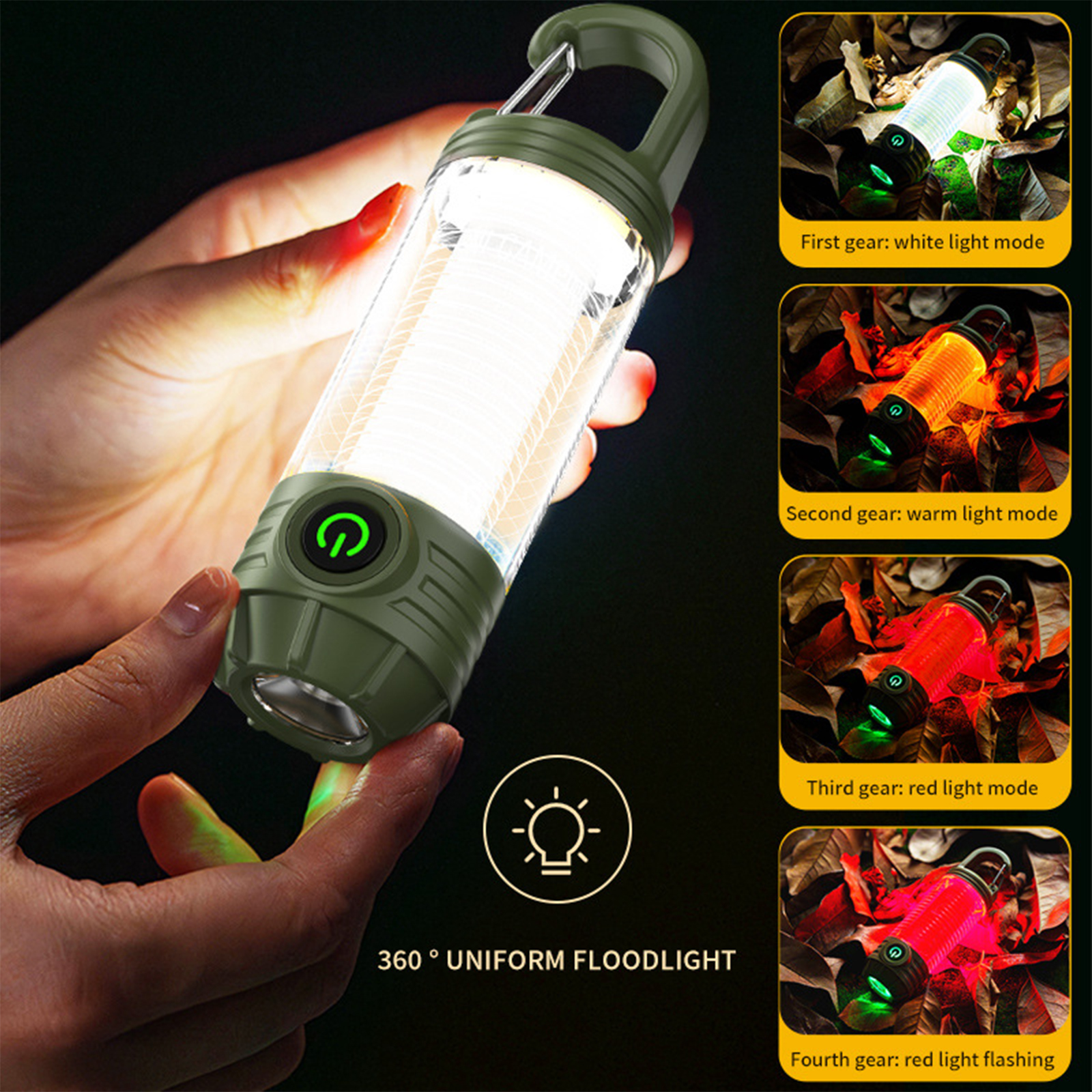 Grüne Taschenlampe mit verschiedenen Lichtmodi in unterschiedlichen Farben.