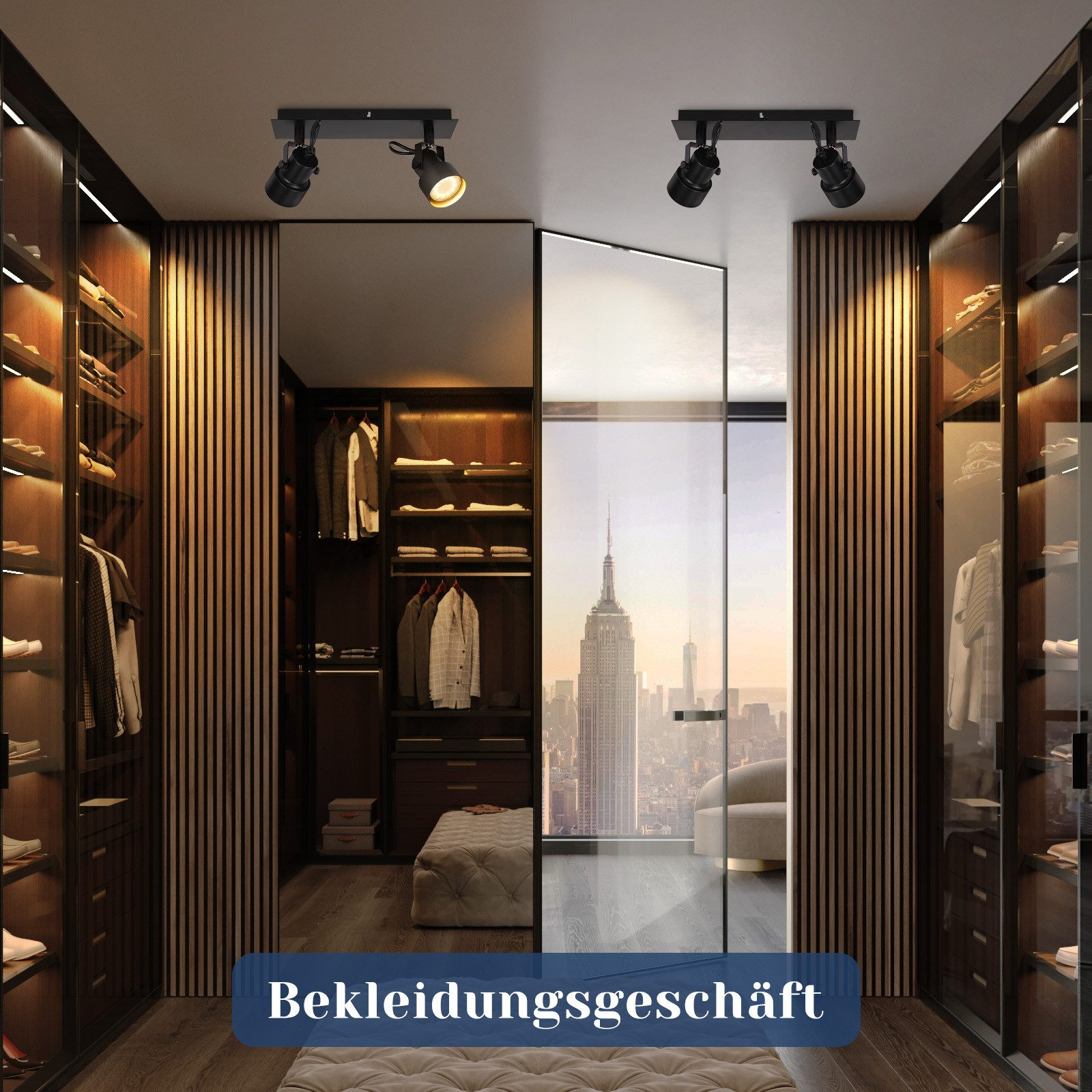 Dwie garderoby, jedna z usłojeniem drewna i widokiem na miasto, z napisem Bekleidungsgeschäft.