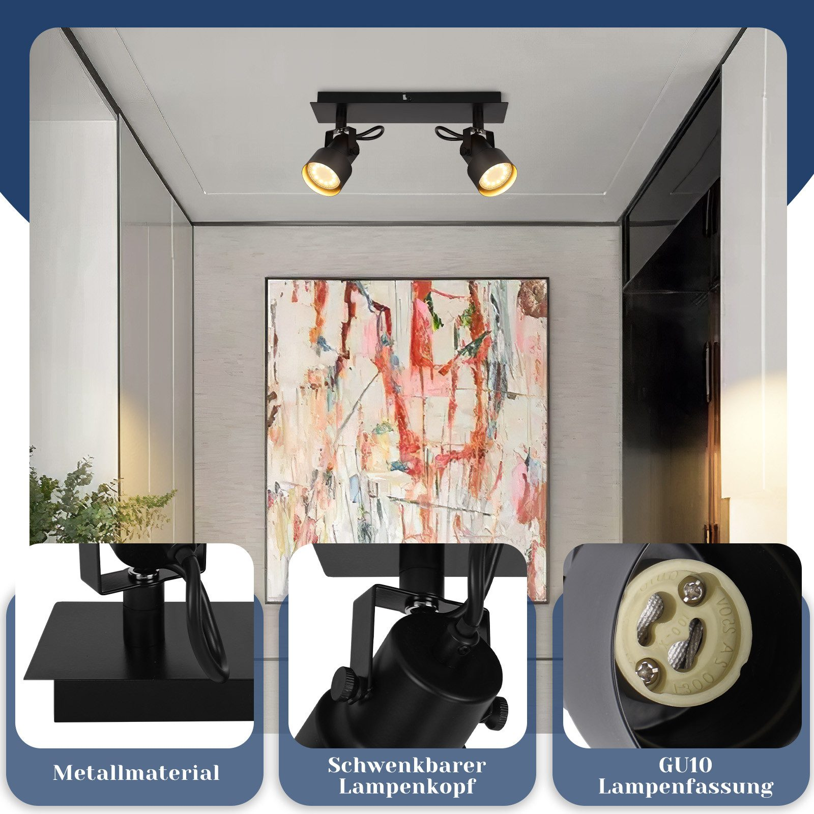 Czarne reflektory sufitowe ze szczegółami materiału metalowego, regulowaną głowicą i gniazdem lampy GU10.