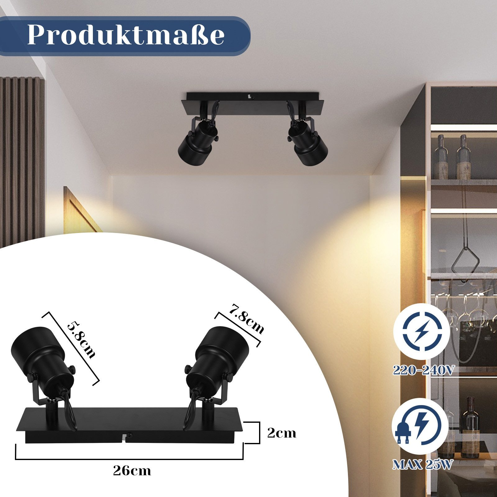 Dwa czarne reflektory na czarnej szynie, zamontowane na białym suficie, z wymiarami.