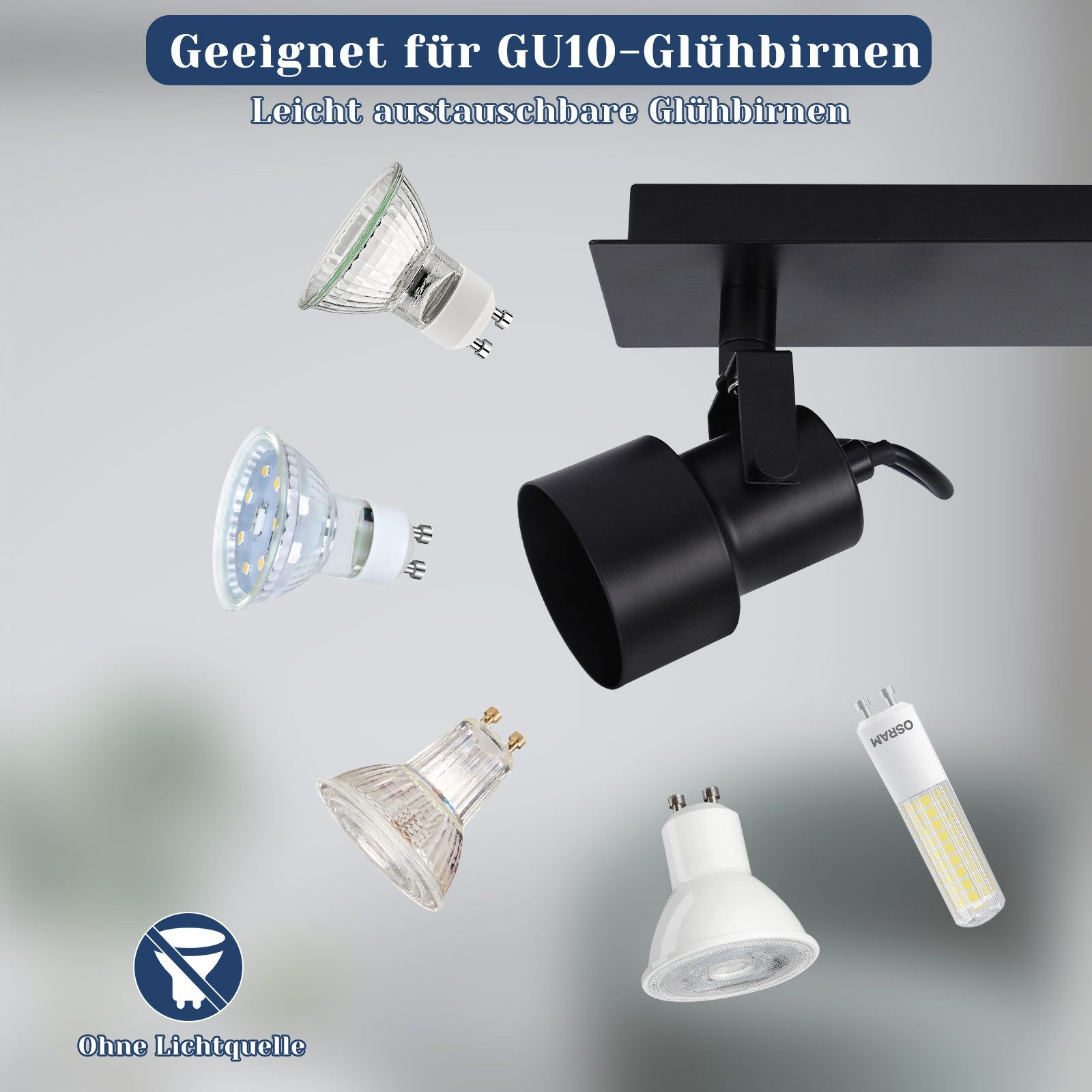 Wyświetlane są różne żarówki, w tym reflektory. Tekst mówi, odpowiedni dla żarówek GU10.