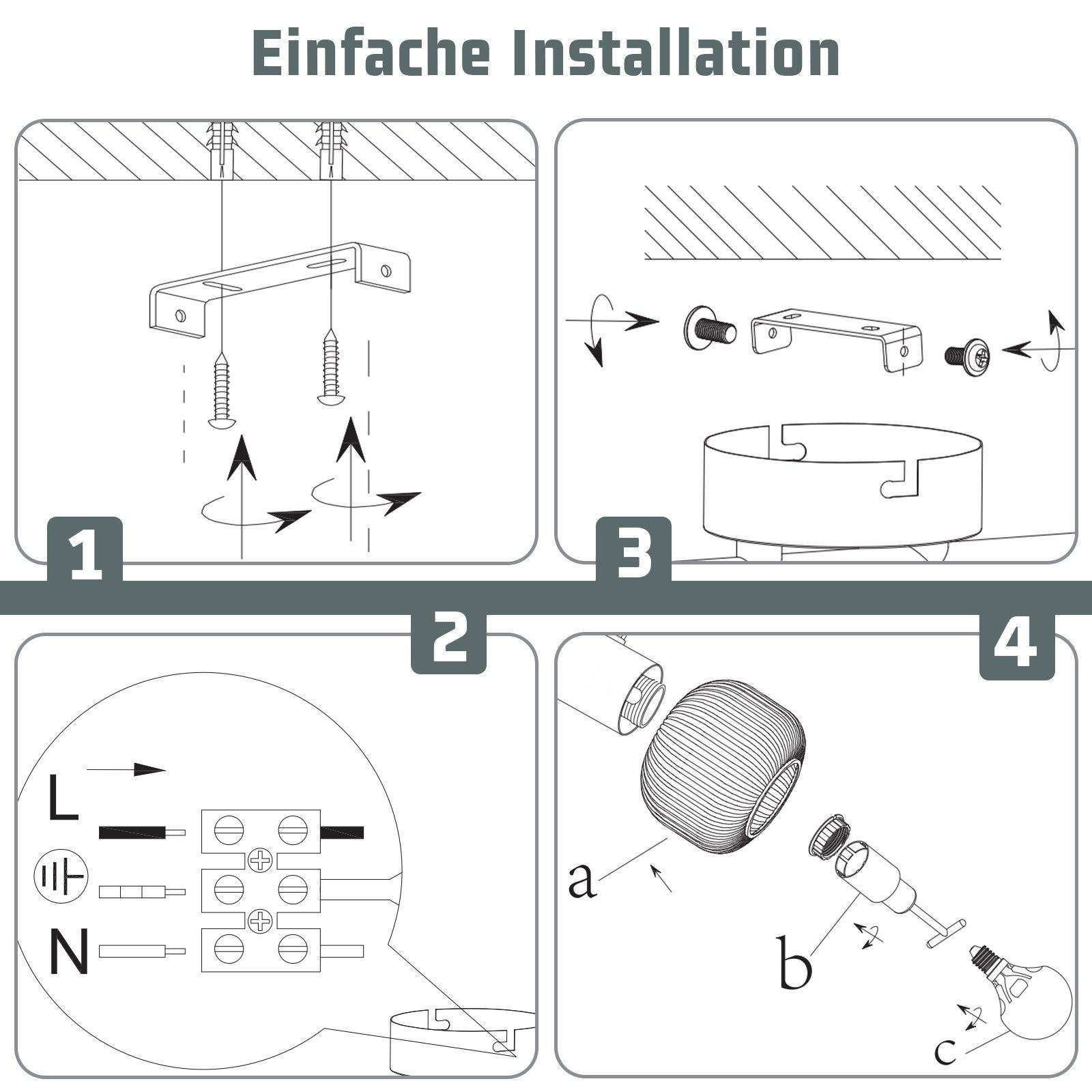 Cztery krok po kroku diagramy pokazujące, jak zainstalować oprawę oświetlenia sufitowego.