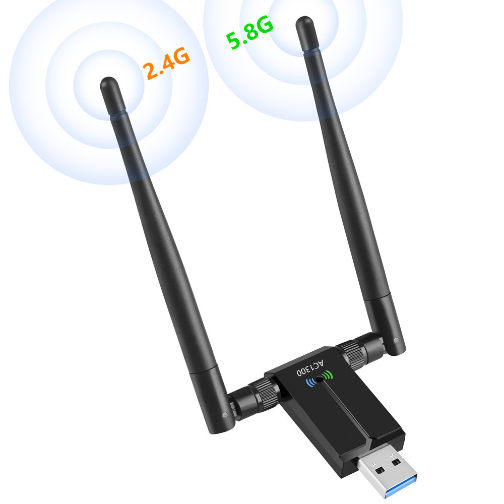 Schwarzer USB-Adapter mit zwei Antennen. Die Antennen haben blaue Spitzen und strahlen blaue Wellen aus.