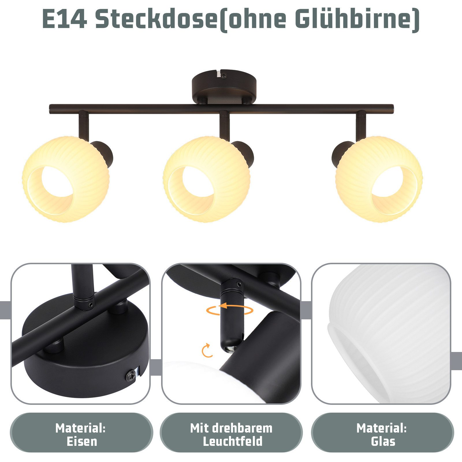 Czarna oprawa oświetleniowa sufitowa z trzema białymi oprawami. Dołączono trzy szczegółowe zdjęcia oprawy.