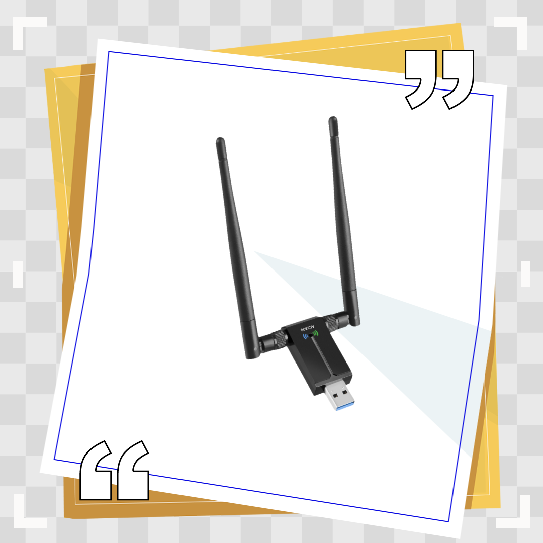 USB-WLAN-Adapter. Schwarz mit zwei Antennen. In einem weißen, blau umrandeten Rahmen, mit Anführungszeichen.