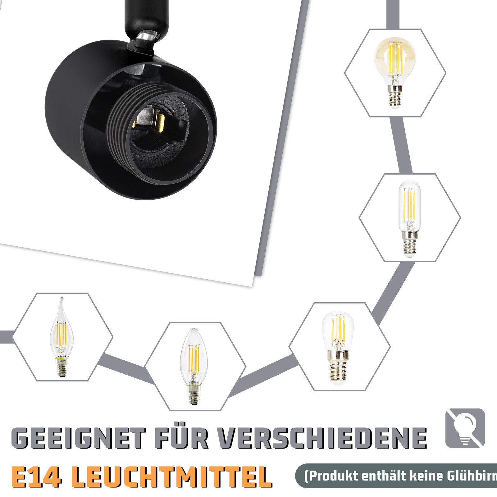 Czarny reflektor szynowy z różnymi żarówkami E14.