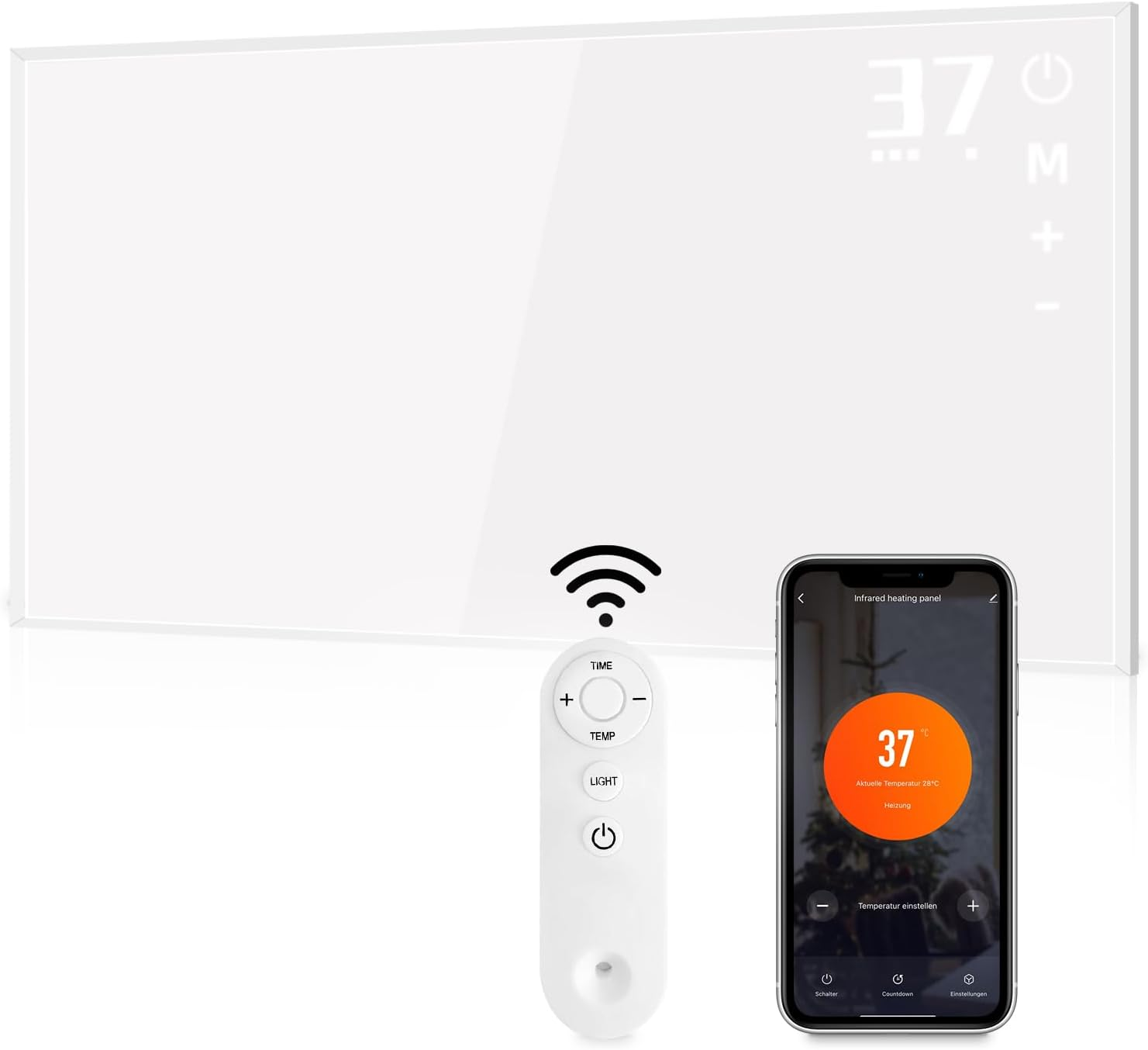 Ein weißes Infrarot-Heizpaneel mit Fernbedienung und einem Telefon, das die Temperaturanzeige zeigt.