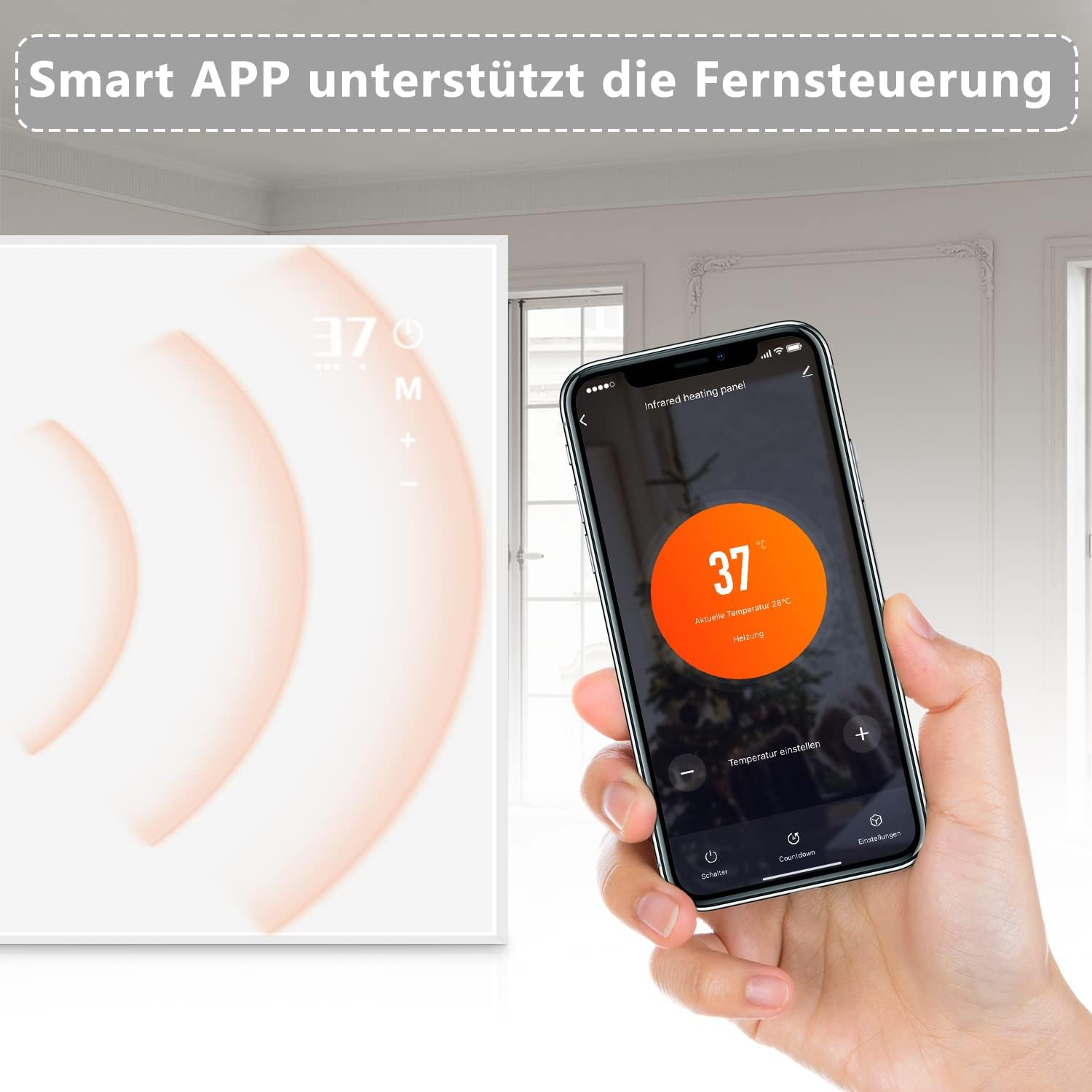 Eine Hand, die ein Smartphone benutzt, um ein Heizpaneel mit digitaler Anzeige zu steuern.
