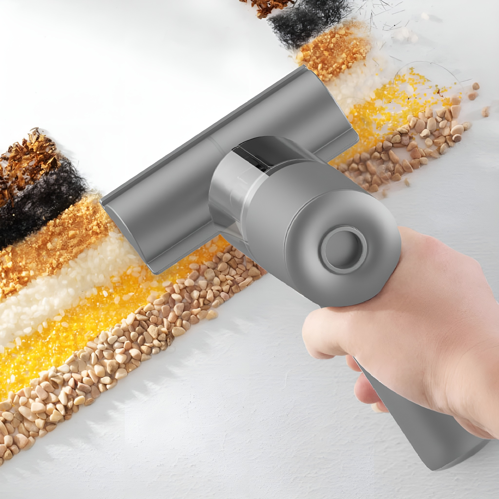 Eine Hand, die einen grauen Staubsaugerkopf über Linien verschiedener Körner und Materialien hält.