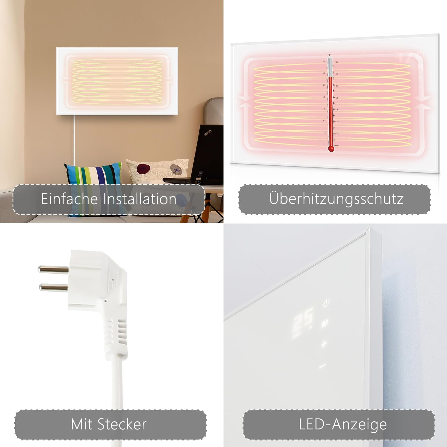 Eine Reihe von Bildern zeigt Installation, Überhitzungsschutz, Stecker und LED-Anzeige für eine weiße Heizung.