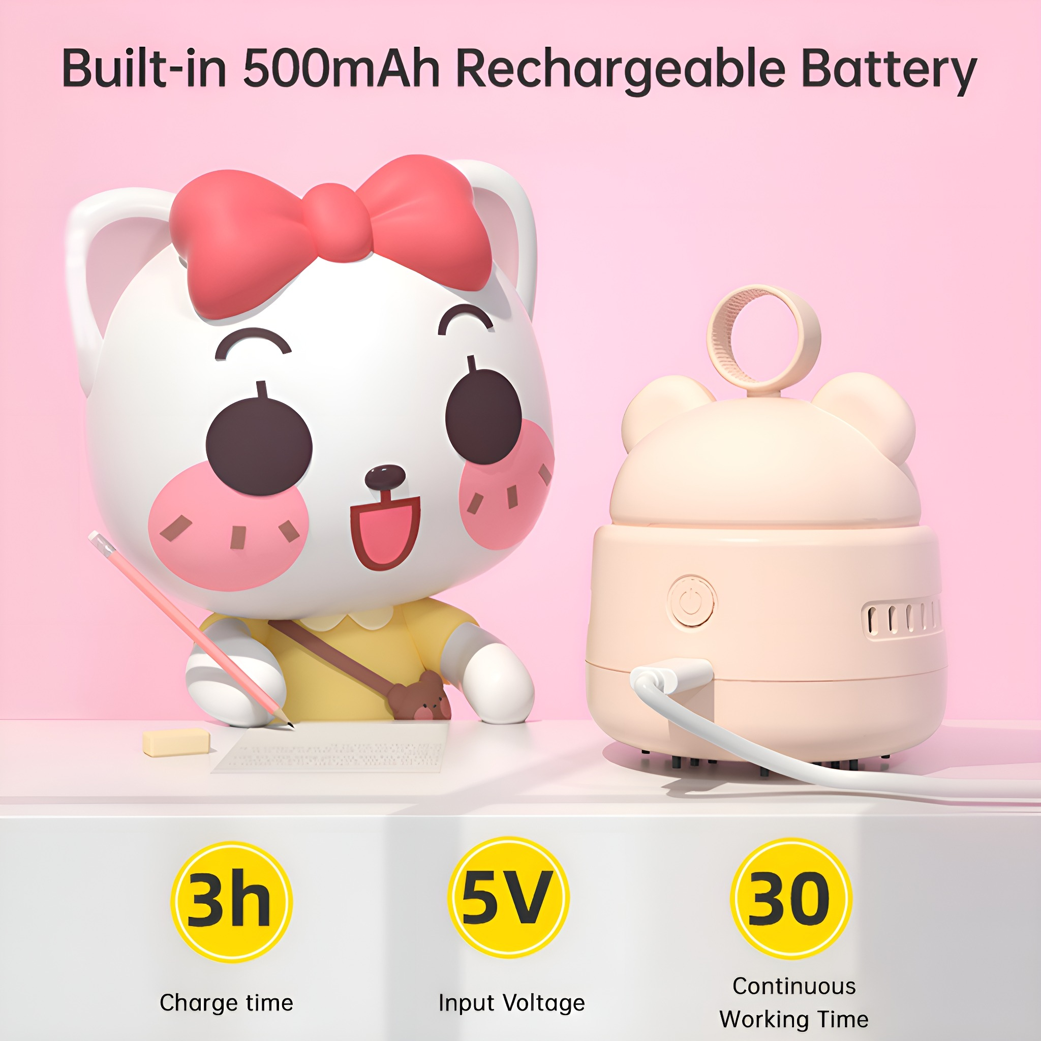 Ein weißer, katzenförmiger Roboterstaubsauger mit Text darunter.