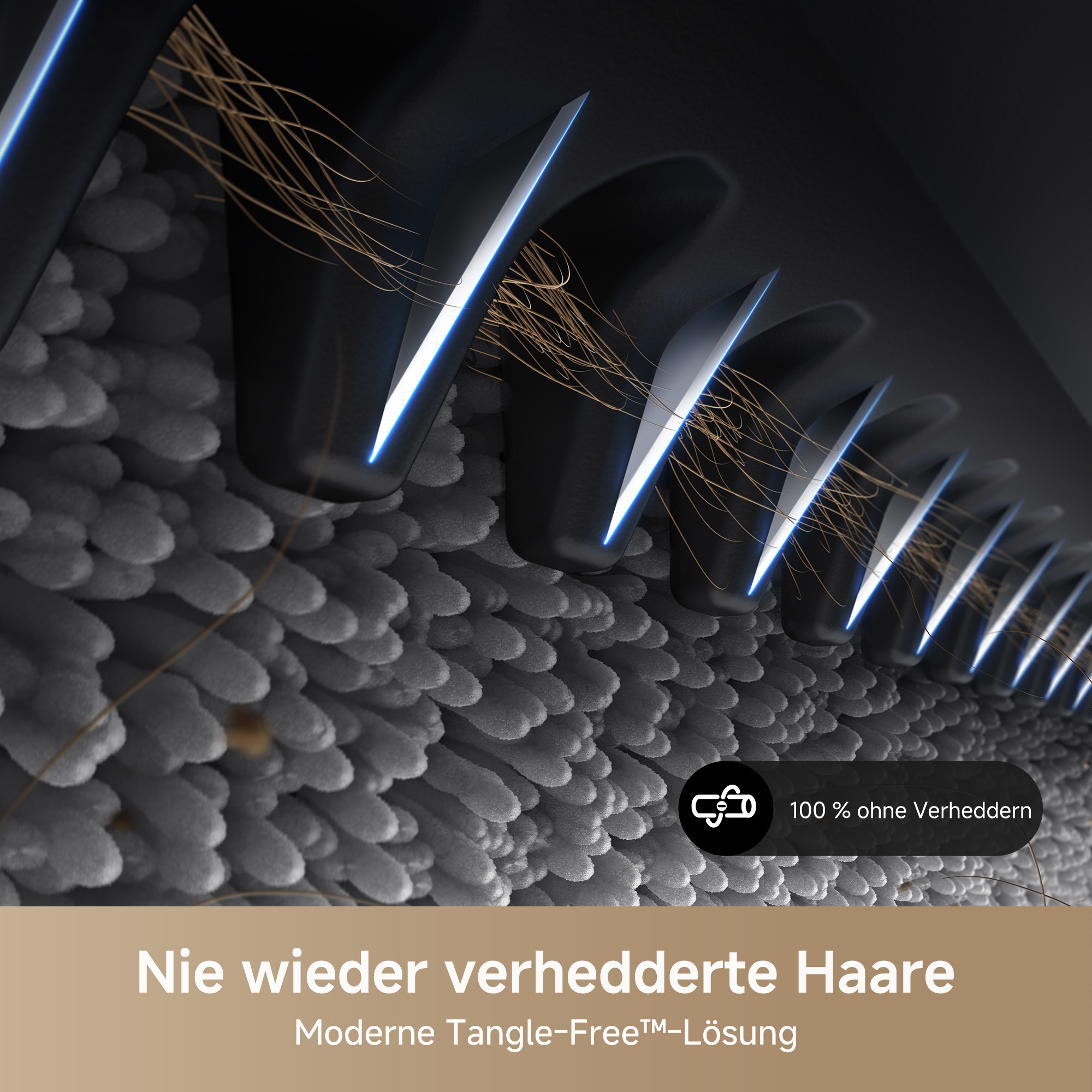 Nahaufnahme der Schneidklingen eines Rasierers mit Haarsträhnen, weißer Hintergrund.