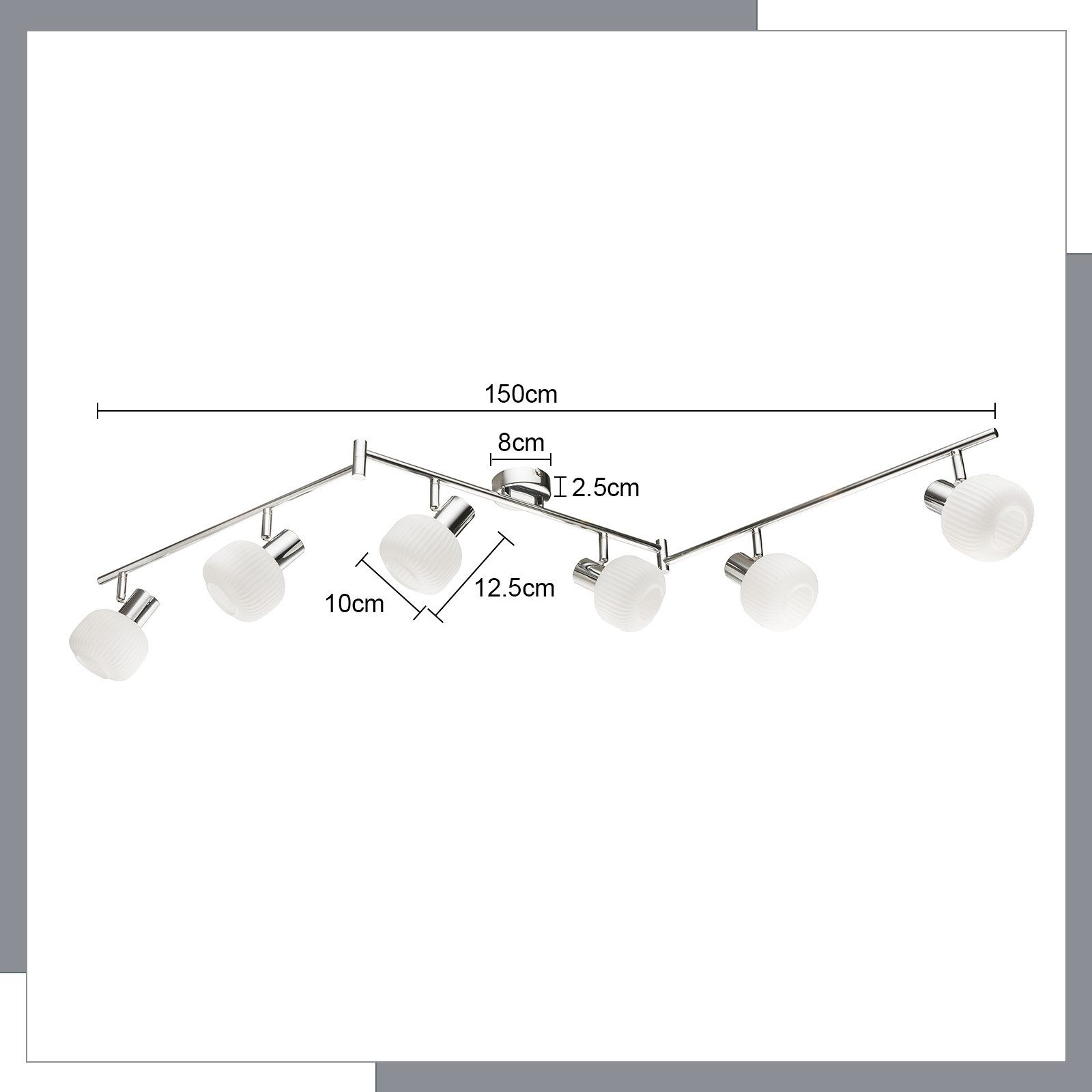 Oprawa oświetleniowa sufitowa z sześcioma kulami z matowego szkła, pokazane wymiary.