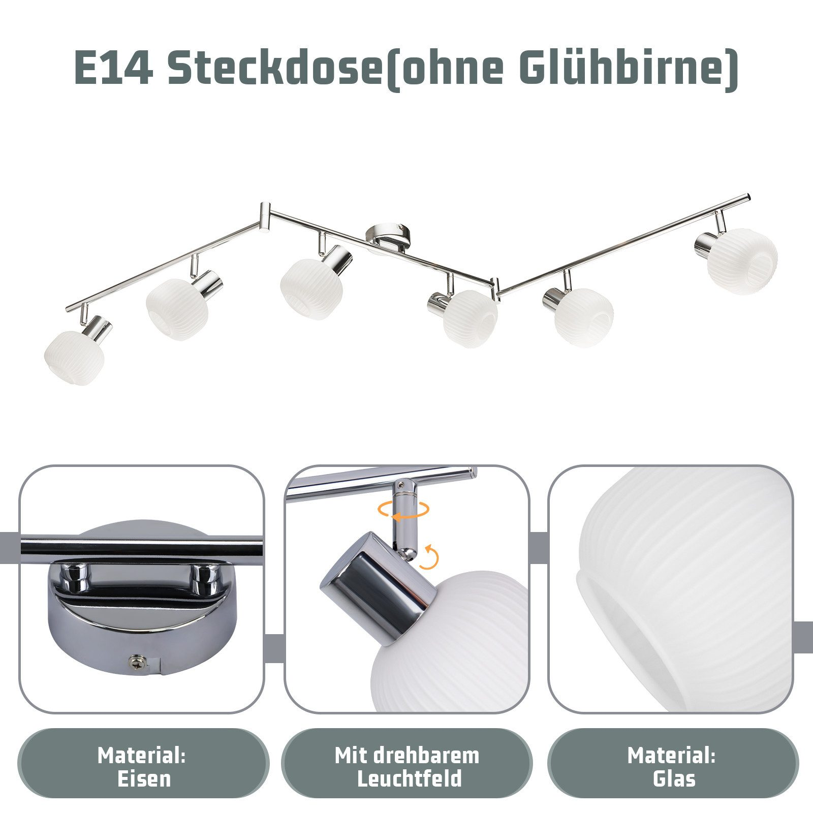 Reflektor sufitowy z wieloma regulowanymi głowicami i zbliżeniami materiałów, w tym żelaza i szkła.