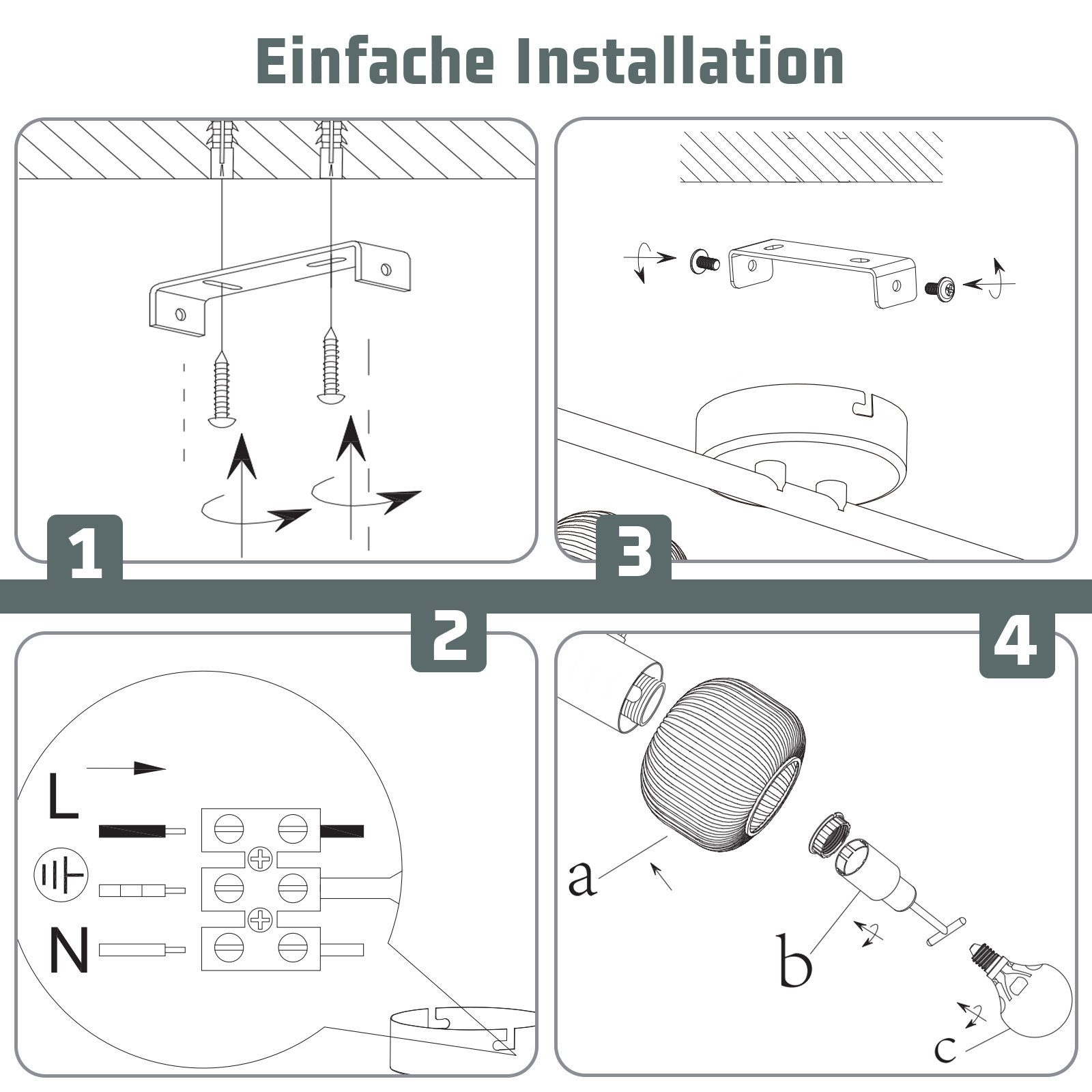 Instrukcje z czterema krokami instalacji urządzenia elektrycznego. Tekst w języku niemieckim: Einfache Installation.