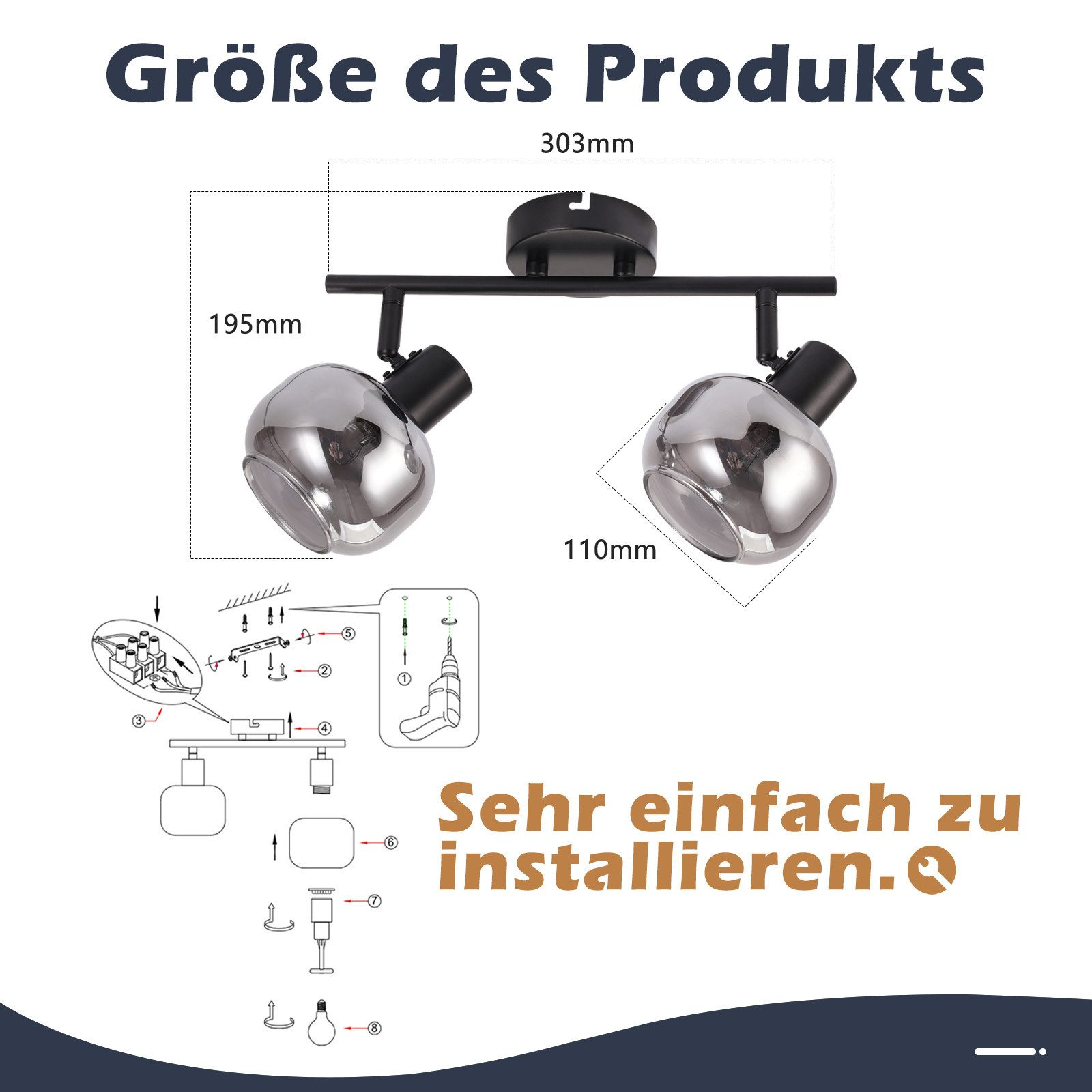 Dwa srebrne reflektory i schemat montażu. Wymiary są pokazane.