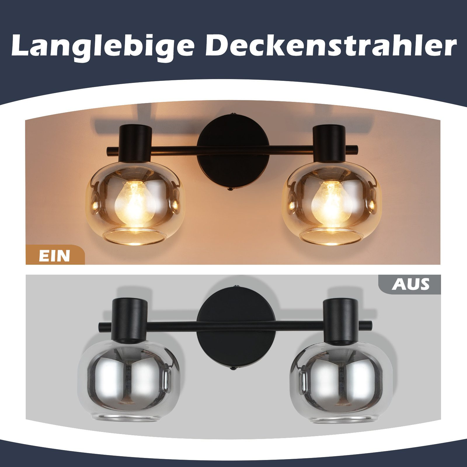 Lampa ścienna z szklanymi kloszami, włączona i wyłączona, z tekstem w języku niemieckim.