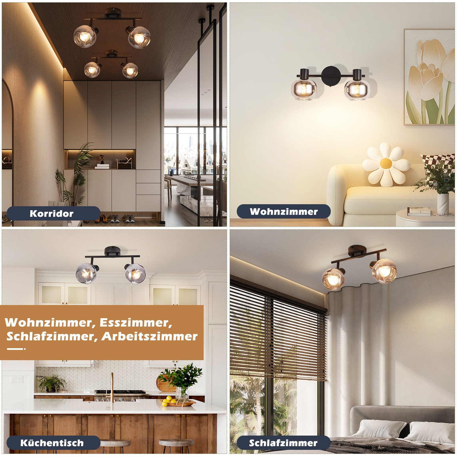 Cztery zdjęcia lamp w różnych pomieszczeniach.