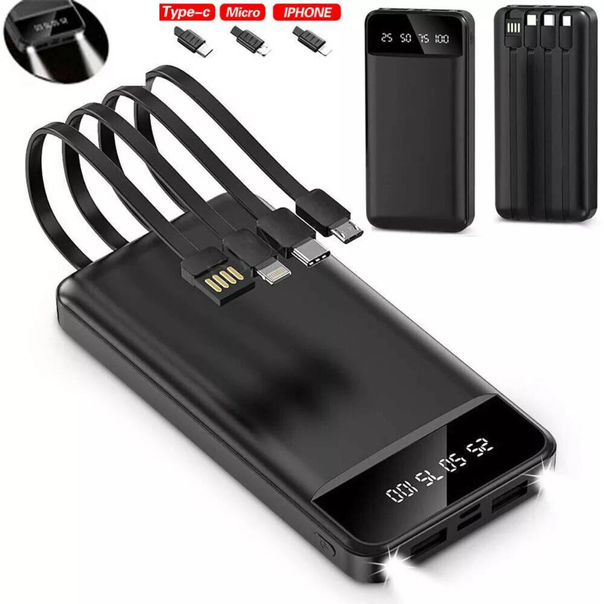 Eine schwarze Powerbank mit mehreren Ladekabeln. Typ-C-, Micro- und iPhone-Anschlüsse.
