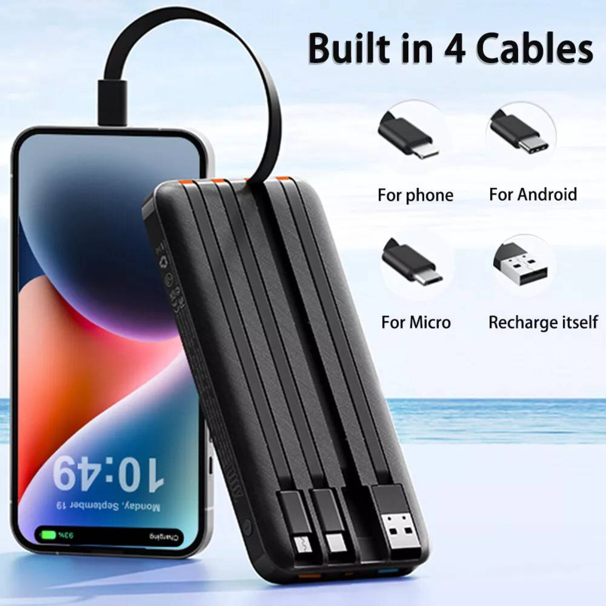Schwarze Powerbank mit eingebauten Kabeln. Ein Telefon wird damit aufgeladen.