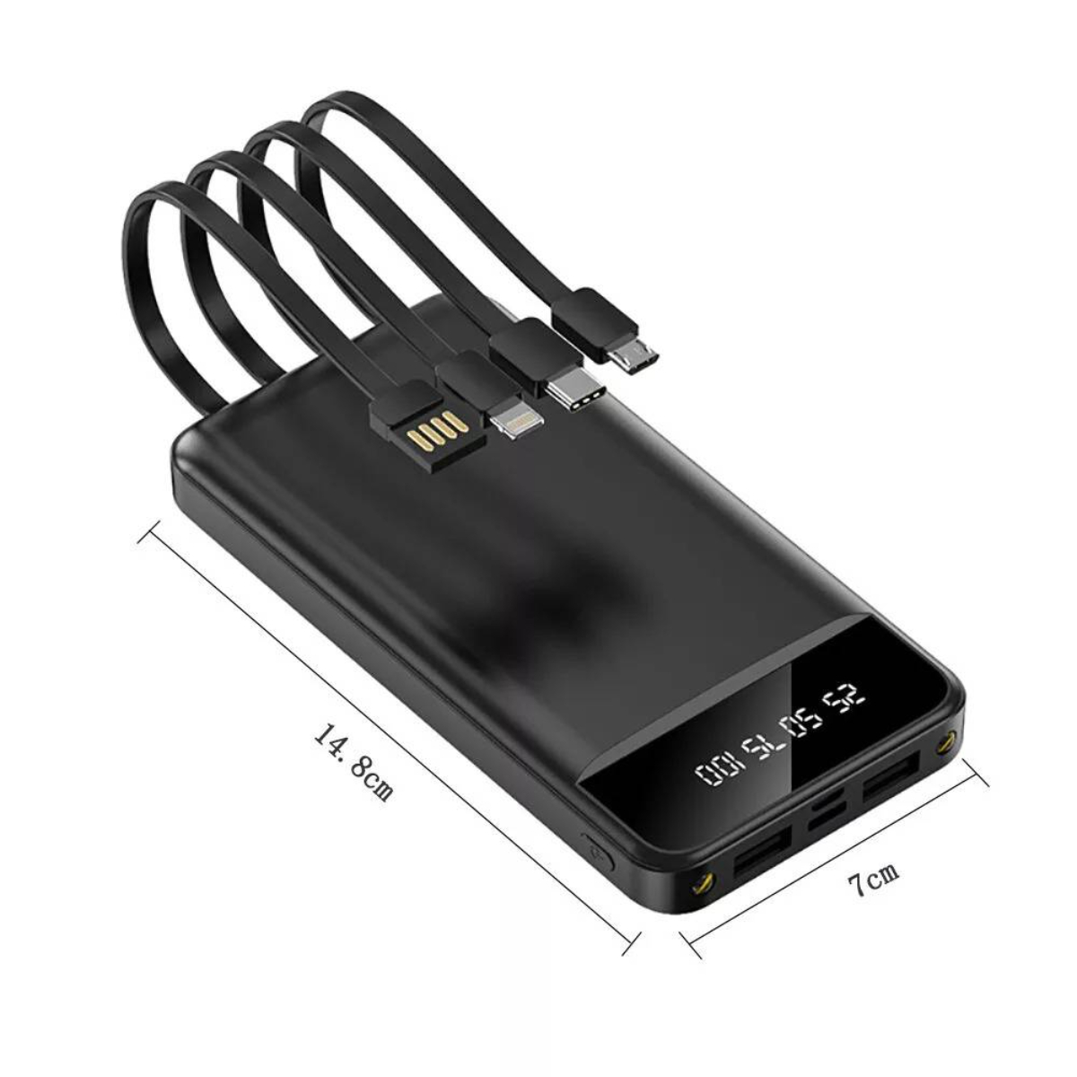 Schwarze tragbare Powerbank mit mehreren USB-Kabeln und digitaler Ladeanzeige.