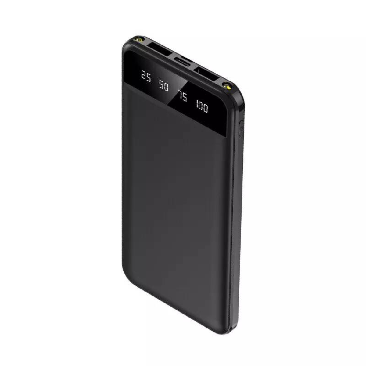 Schwarze Powerbank mit Digitalanzeige, die den Batterieladestand anzeigt: 25, 50, 75, 100.