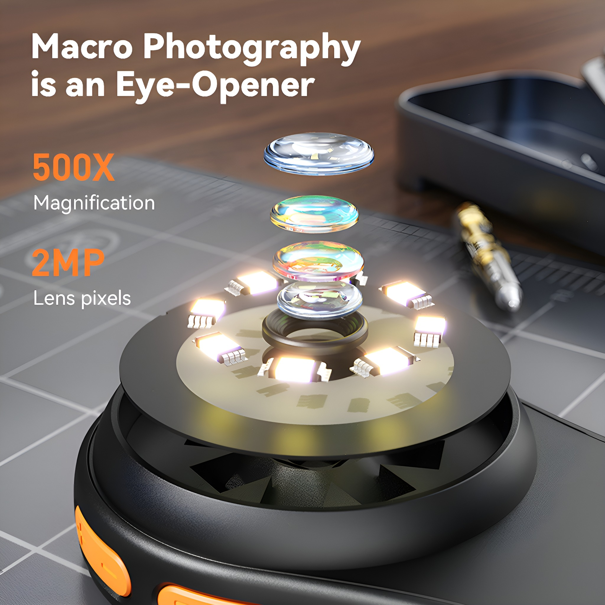 Makrofotografie-Setup. Ein Objektiv mit Lichtern wird gezeigt. Vergrößerung ist 500X, Objektiv 2MP.