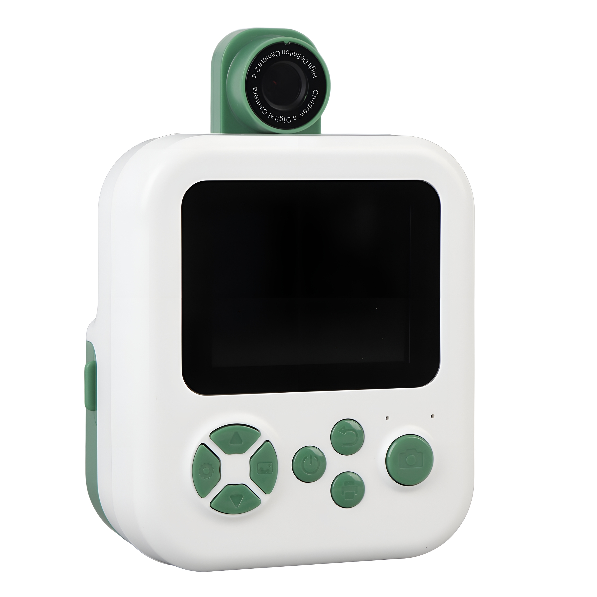 Eine weiße und grüne digitale Kinderkamera mit Linse und Knöpfen. Weißer Hintergrund.