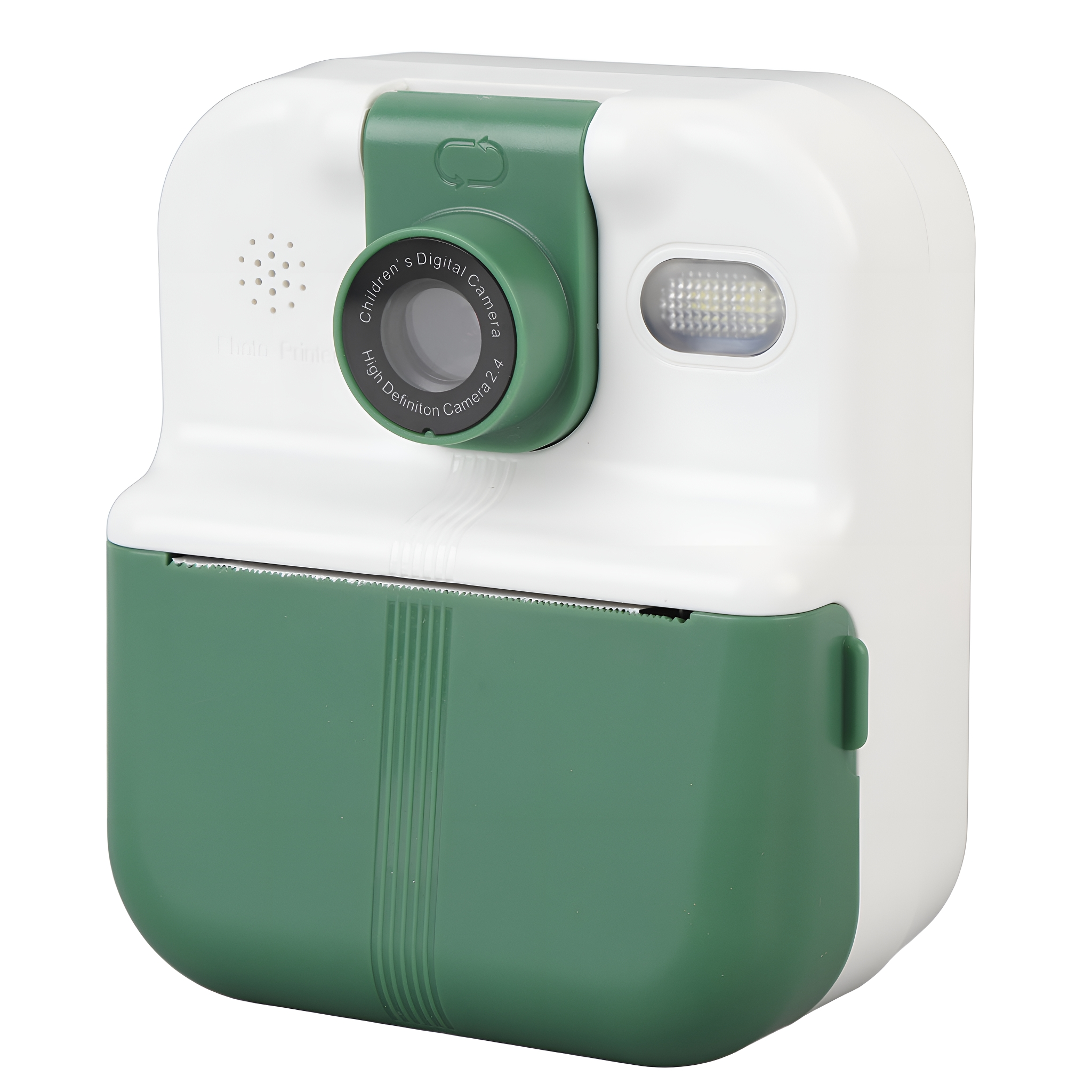 Eine weiß-grüne Kinder-Digitalkamera. Sie hat ein Objektiv, einen Blitz und einen Papierschlitz für Ausdrucke. Weißer Hintergrund.