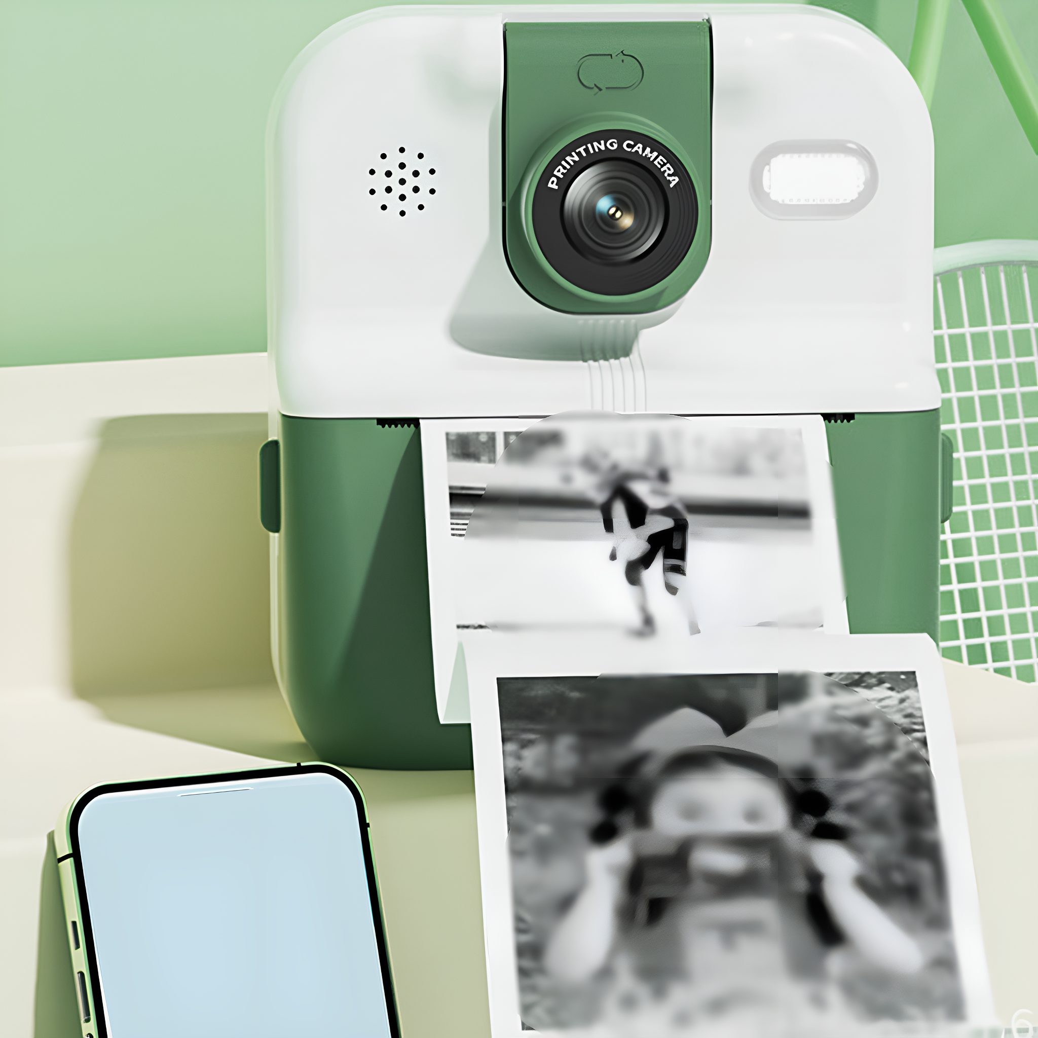 Eine grün-weiße Sofortbildkamera druckt Fotos. Ein Smartphone ist im Vordergrund.