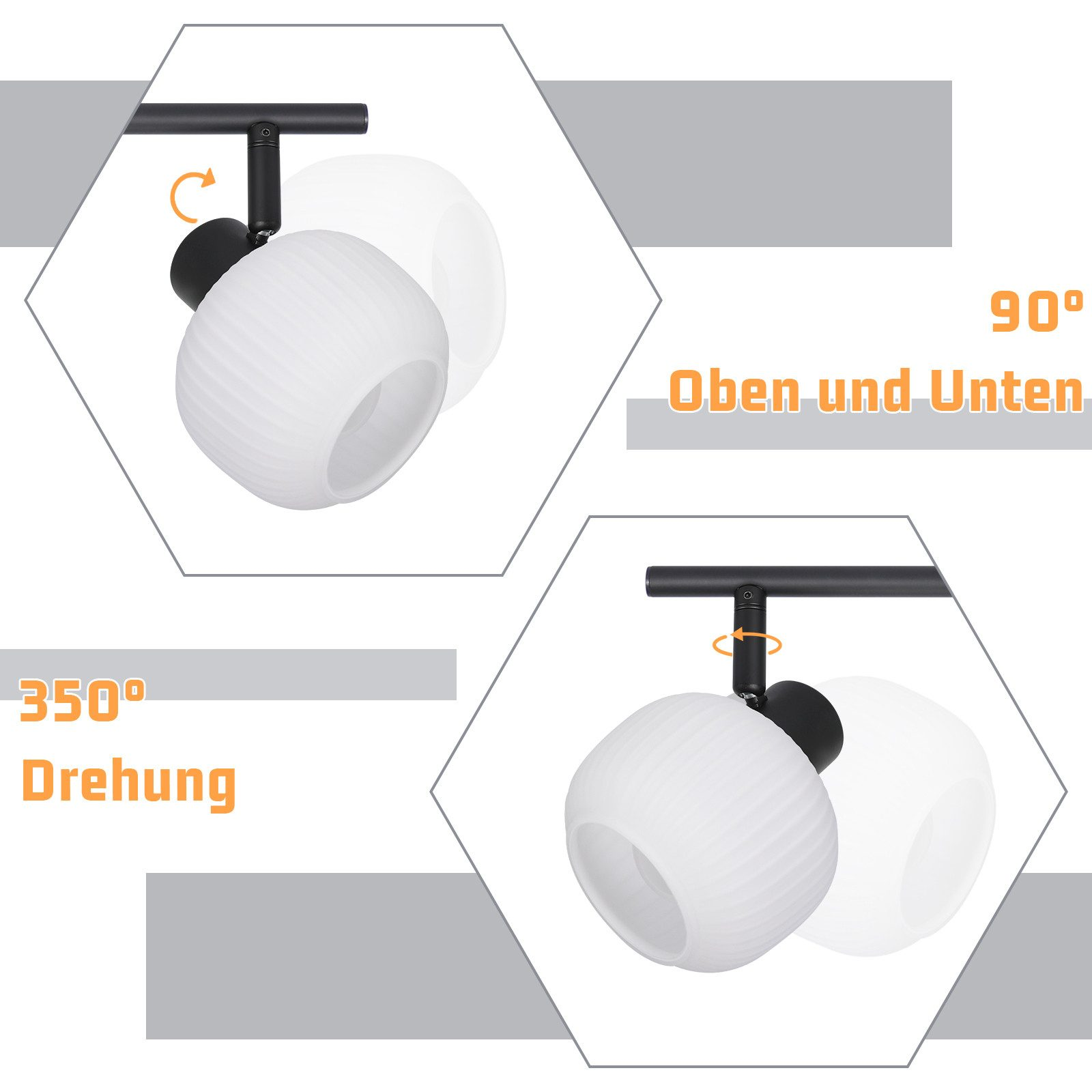 Oprawy oświetleniowe pokazujące obrót 350° i 90°, białe klosze.