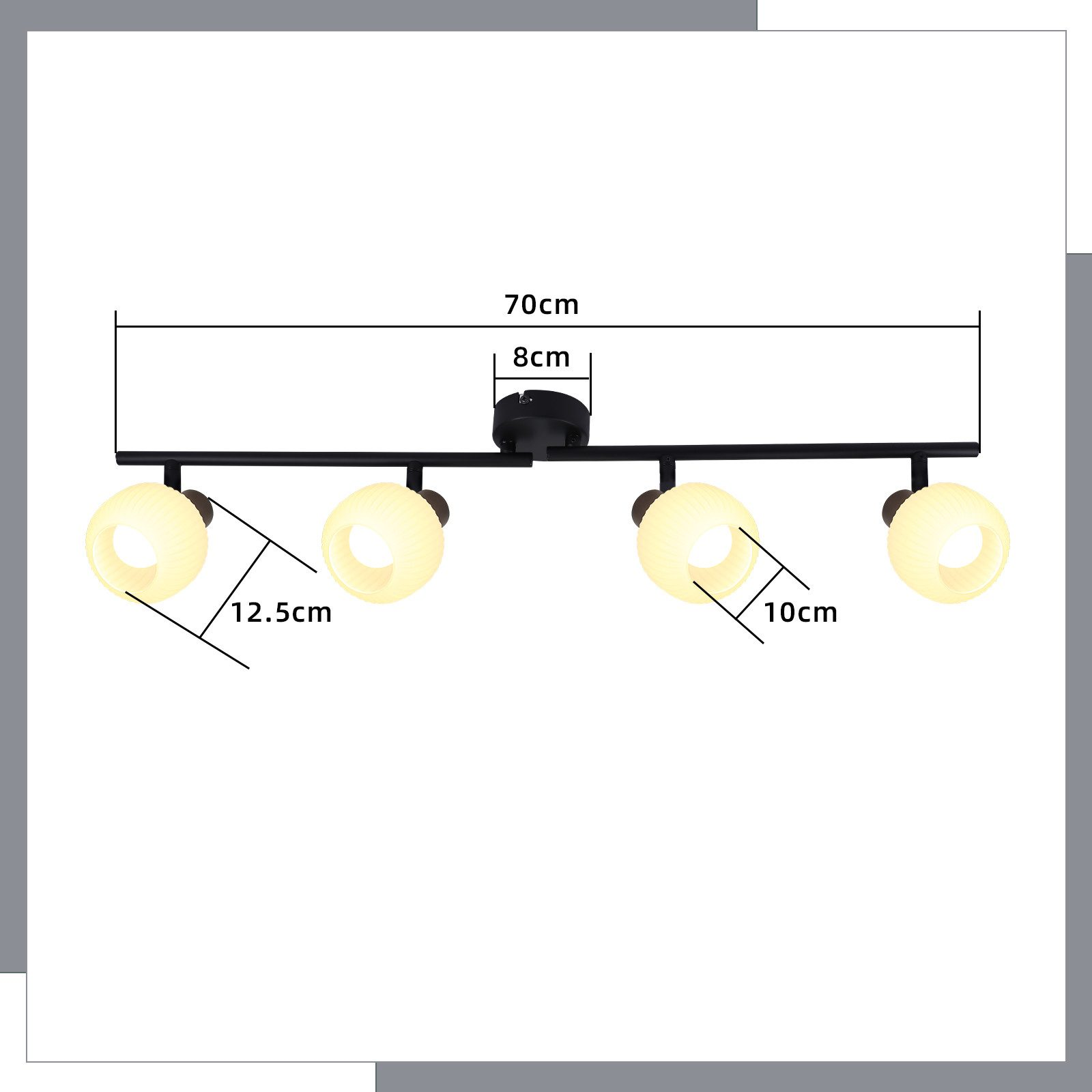 Czarna oprawa oświetleniowa sufitowa z czterema okrągłymi światłami. Pokazano również wymiary.
