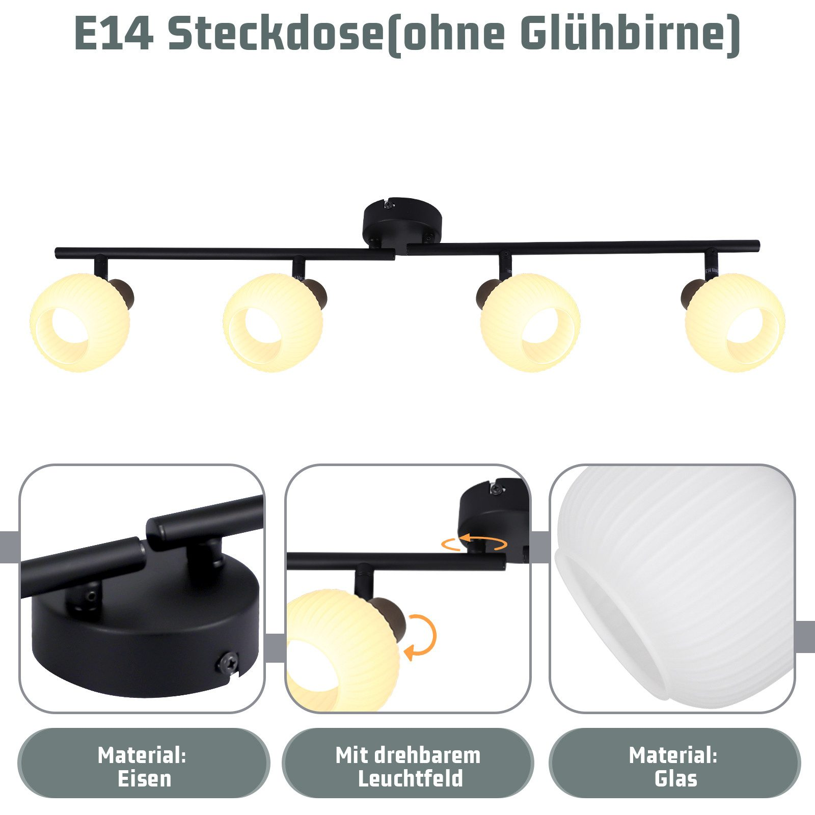 Czarna oprawa oświetleniowa szynowa z czterema lampami i informacjami o użytych materiałach.