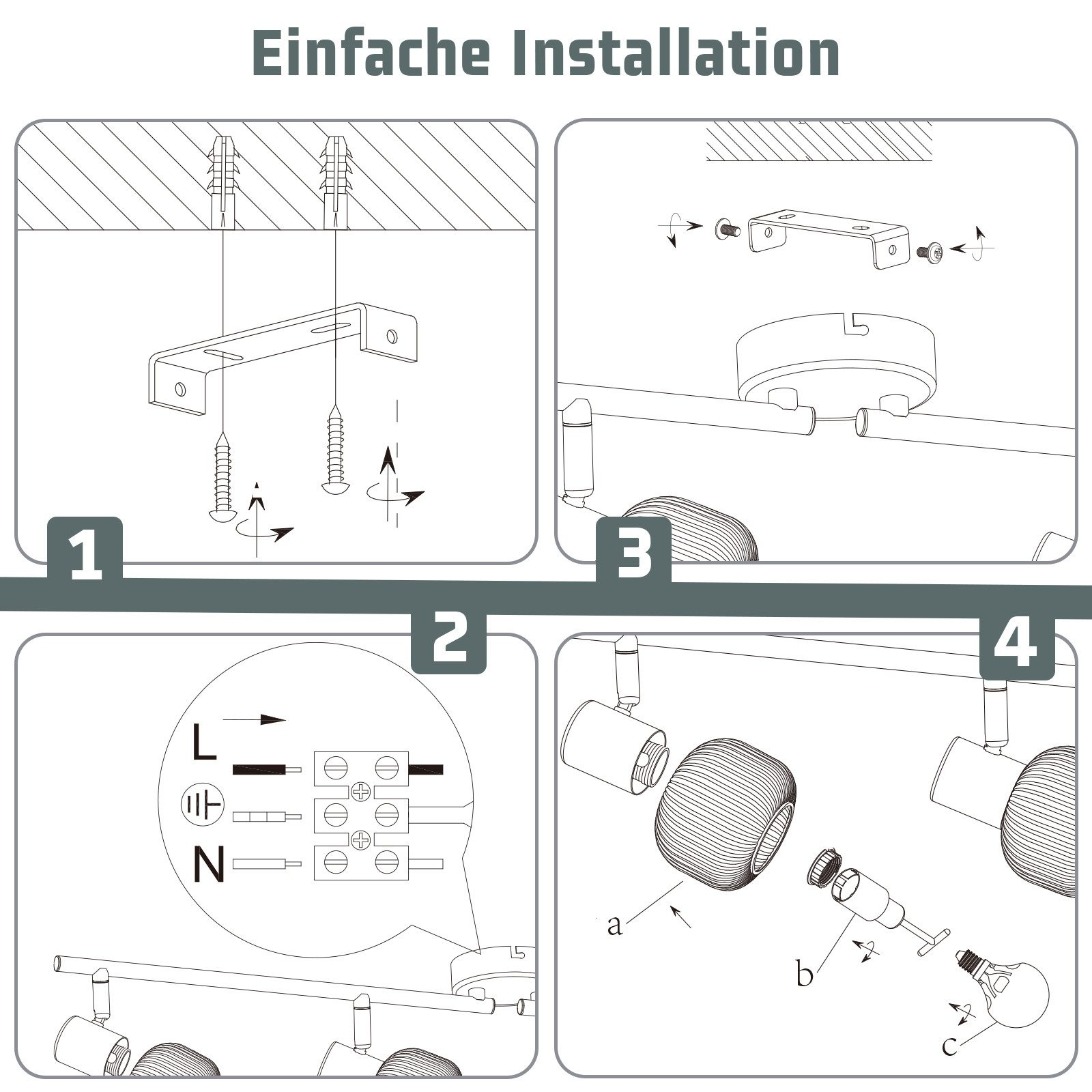 Schemat czterech kroków instalacji oprawy oświetleniowej, ze śrubami i połączeniami elektrycznymi.