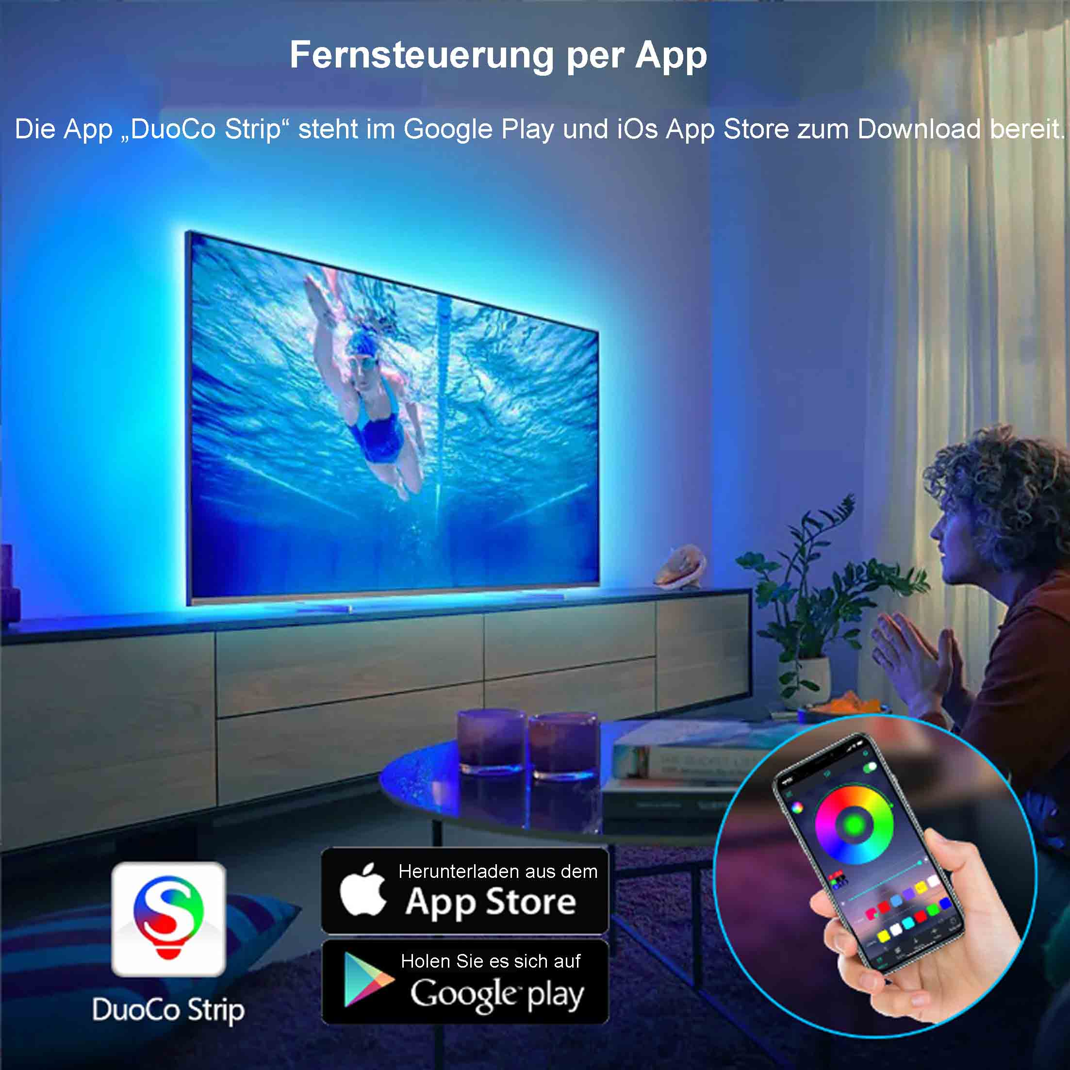 Eine Person steuert mit einem Smartphone einen Fernseher mit blauen LED-Streifen. Die App-Oberfläche ist sichtbar.