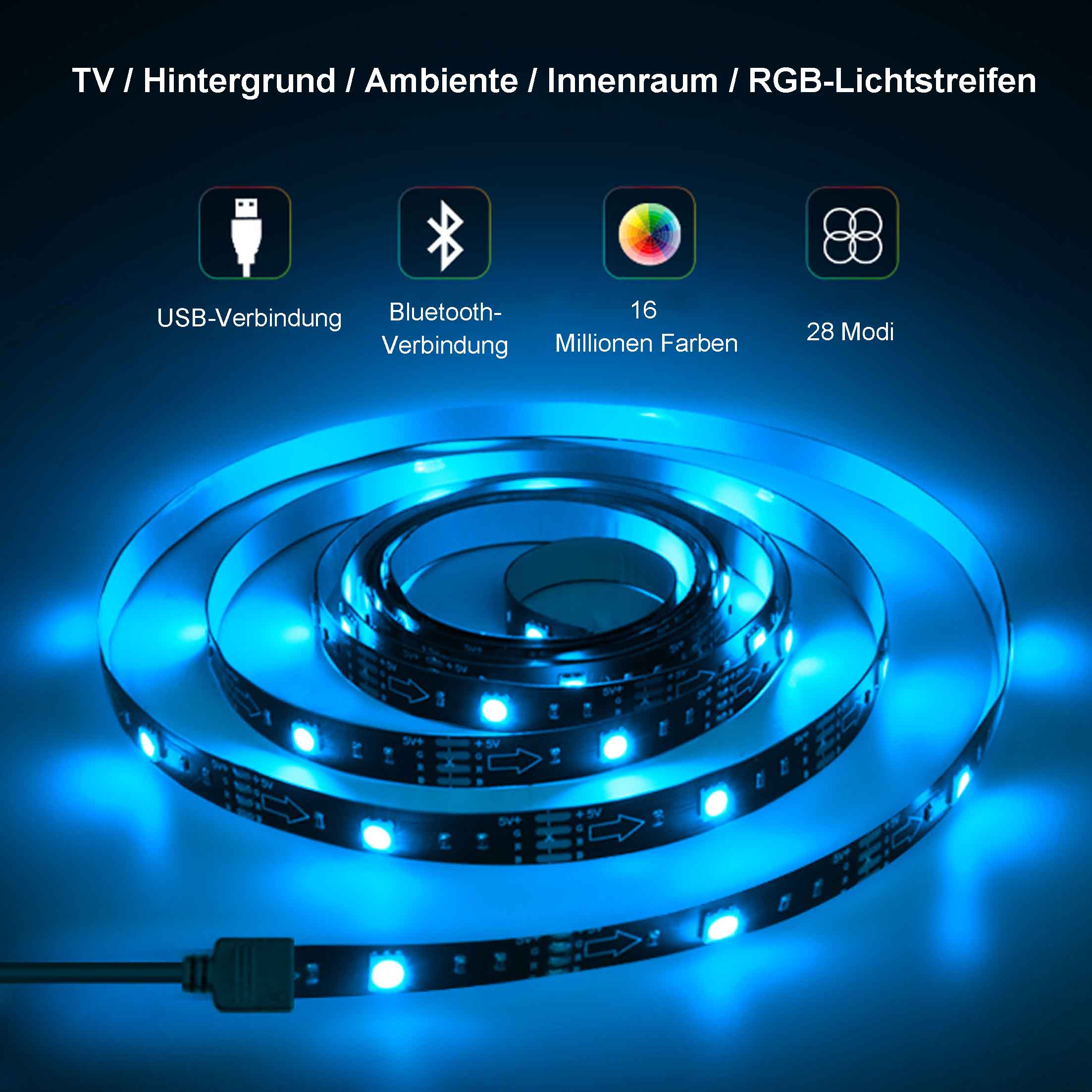 LED-Streifen mit blauem Licht, zeigt USB, Bluetooth, 16 Millionen Farben und 28 Modi.