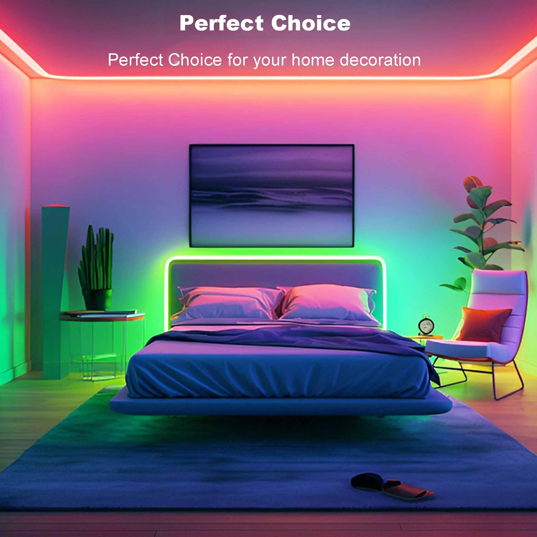 Ein modernes Schlafzimmer mit farbenfroher LED-Beleuchtung um das Bett und die Decke. Ein Gemälde an der Wand.