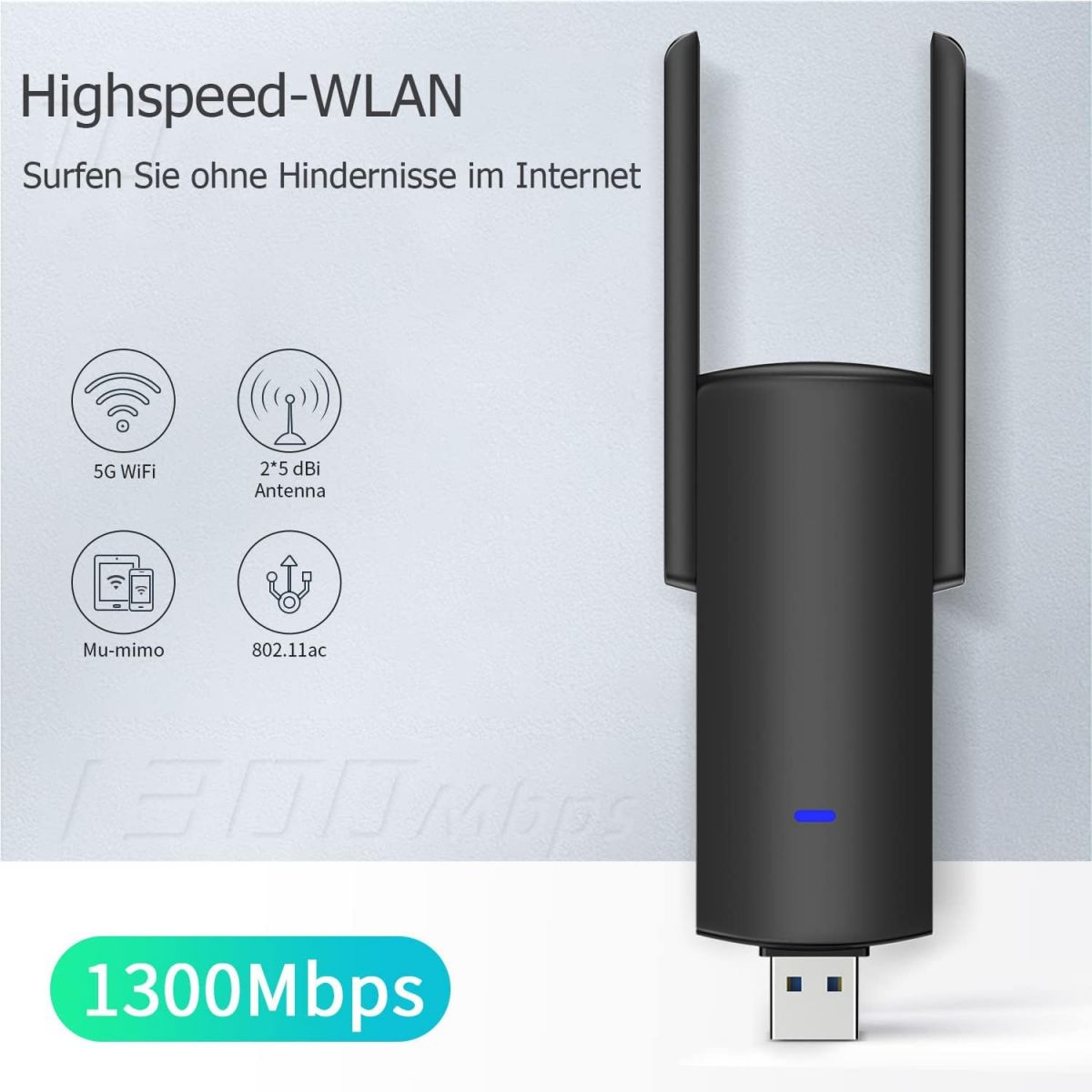 Schwarzer WLAN-Extender mit Antennen, 5G, 2*5 dBi Antenne, Mu-mimo, 802.11ac und 1300 Mbit/s.