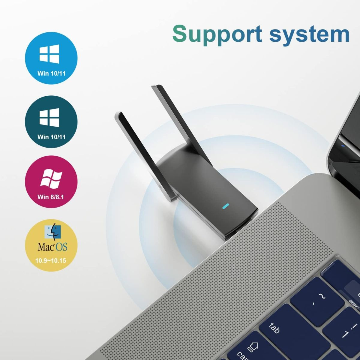 Ein WLAN-Netzwerkadapter neben einem Laptop. Unterstützungssystem-Symbole: Windows und MacOS.