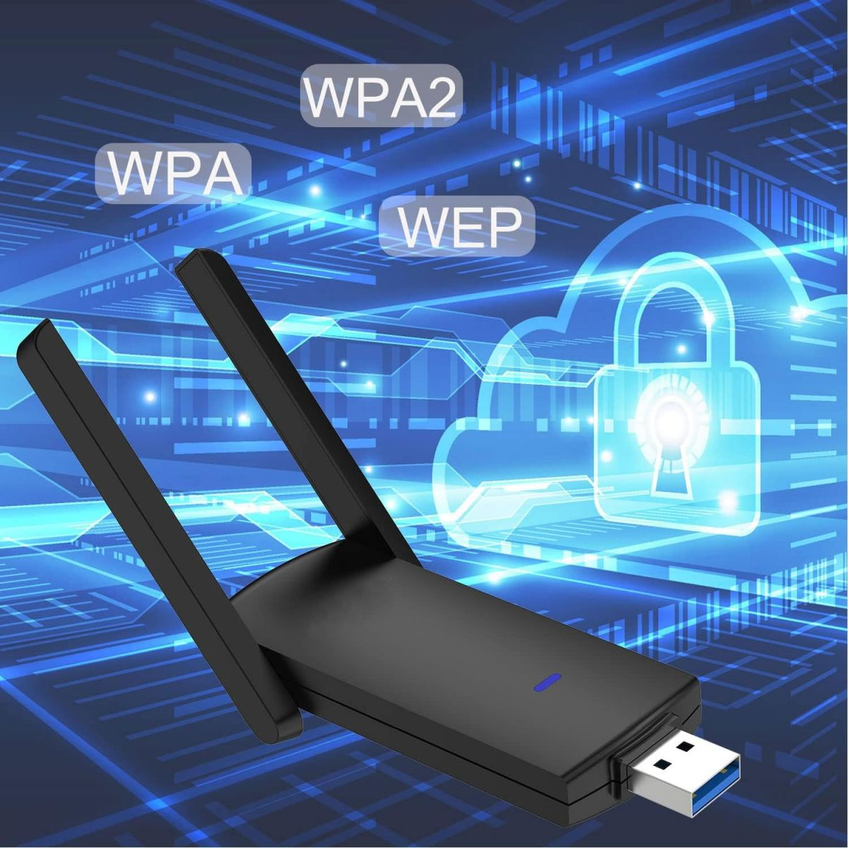 Ein schwarzer WLAN-Router mit zwei Antennen und blauem Licht, mit Text-Overlay zur Sicherheit.