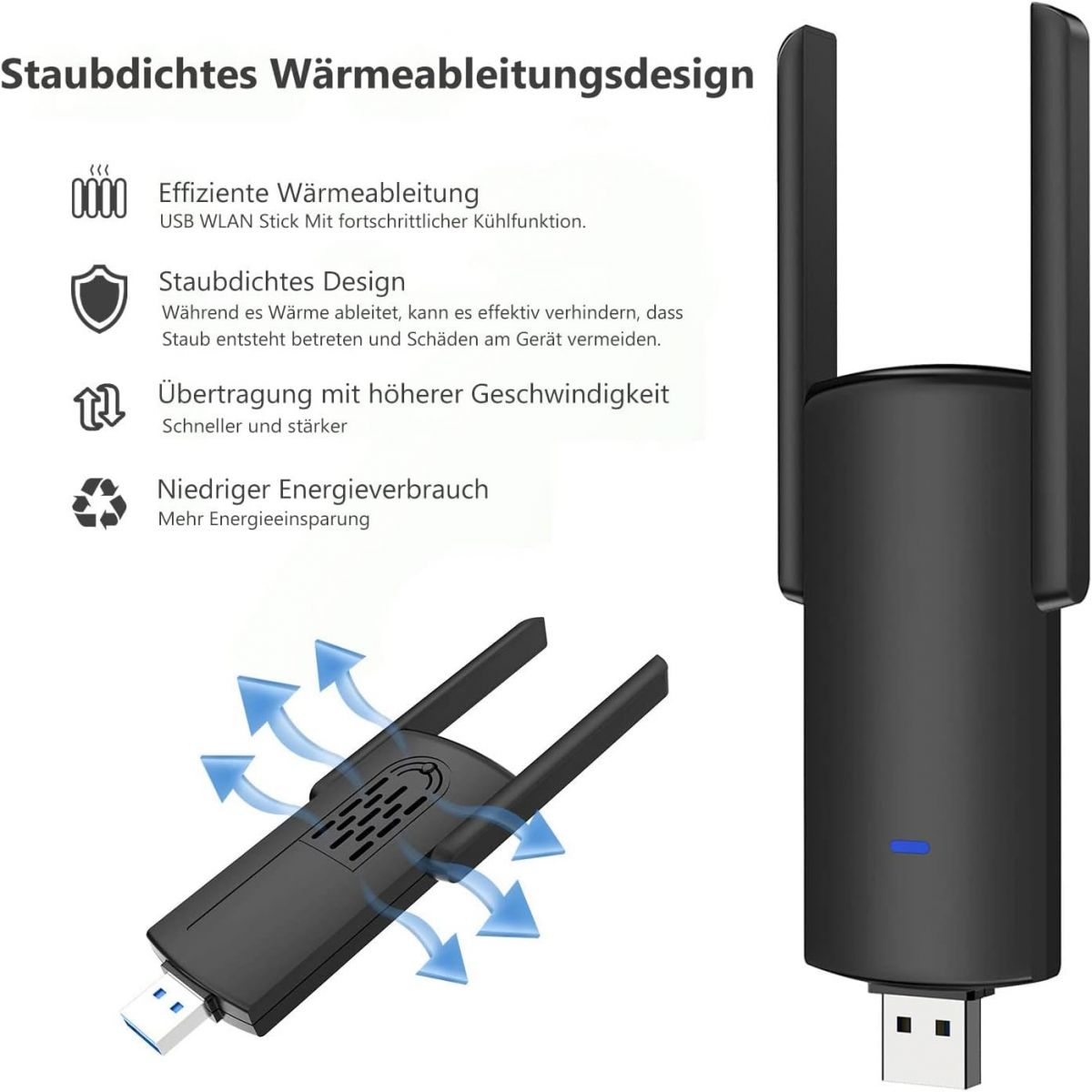 Schwarzer WLAN-Repeater mit Antennen und einem USB-Anschluss.