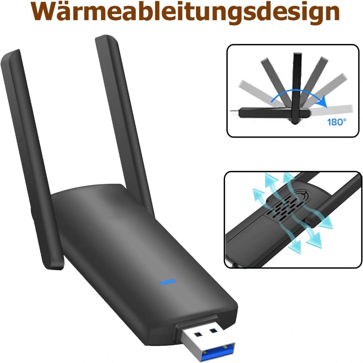 Schwarze WLAN-Antenne mit verstellbaren Antennen und blauem Licht, neben Diagrammen und Pfeilen. Weißer Hintergrund.